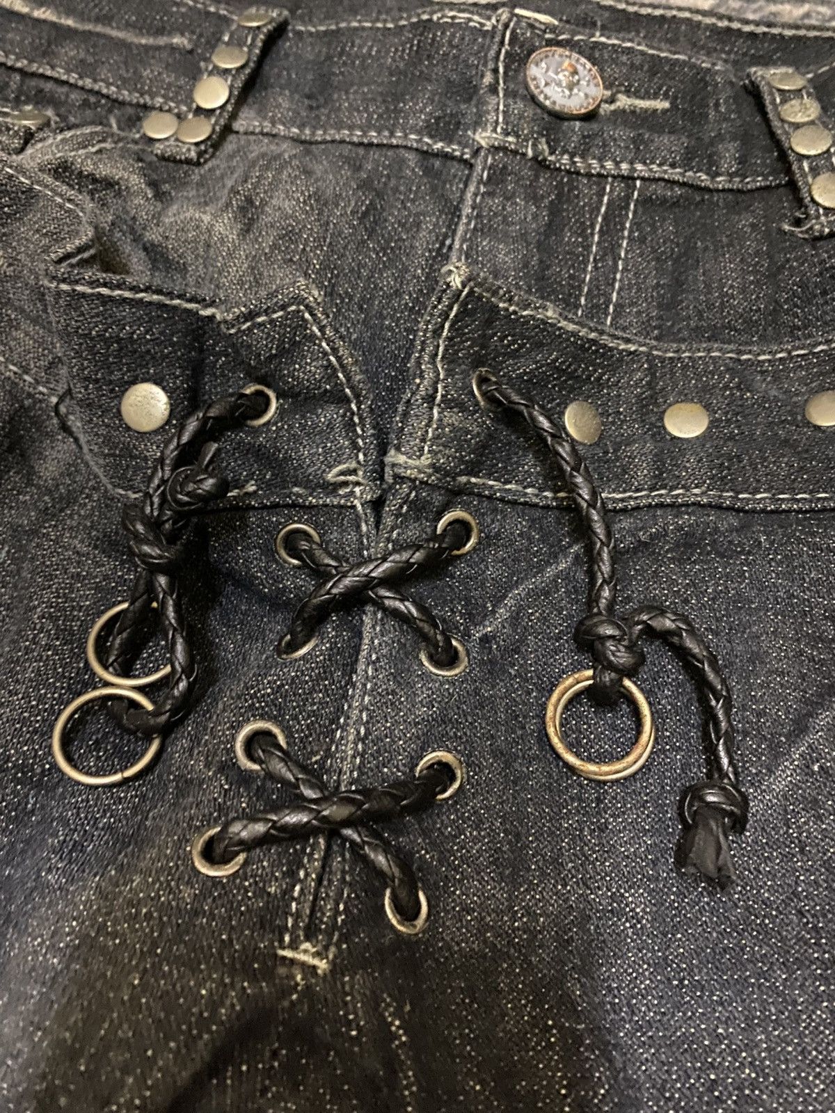 Japanese Brand HPP DOUBLE WAIST DISTRESSED STUD FLARED JEAN Size US 31 - 9 Thumbnail
