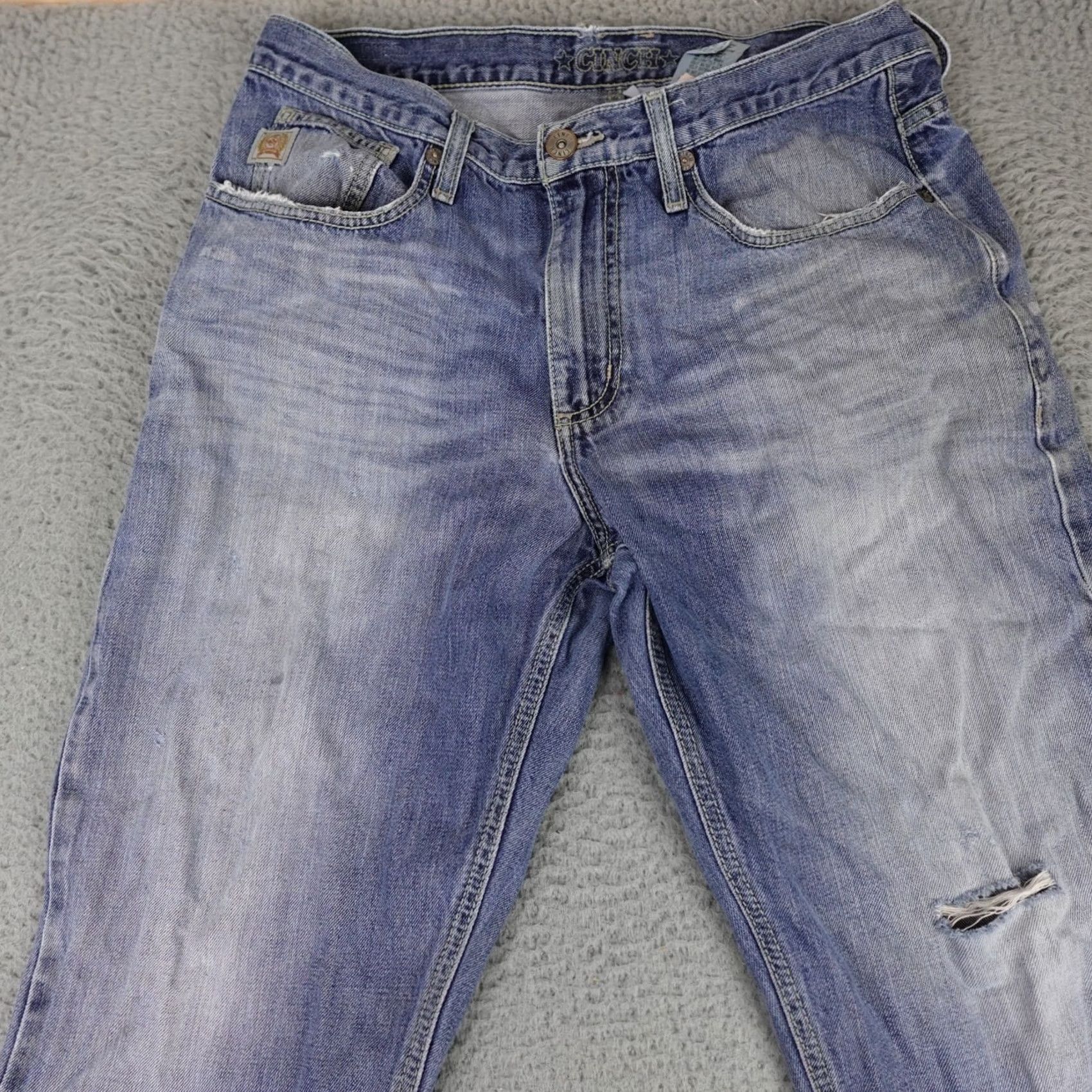 Denime Cinch Jeans Mens 35 (32x32 Actual) Blue Denim Light Wash Western Work Wear Jeans Mens Regular Blue USA 90s Style Size US 35 - 5 Thumbnail