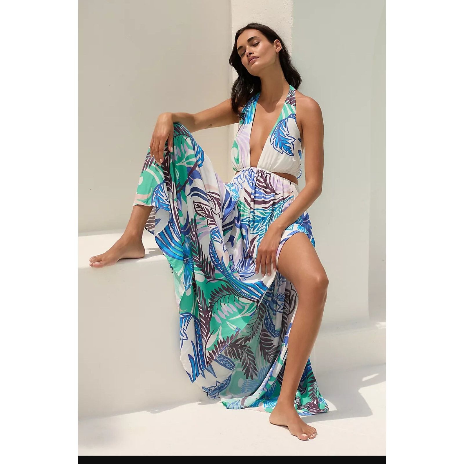 Anthropologie NWT Plunge Cutout Maxi Dress $138 LARGE Halter Blue Tropical Size L / US 10 / IT 46 - 4 Thumbnail
