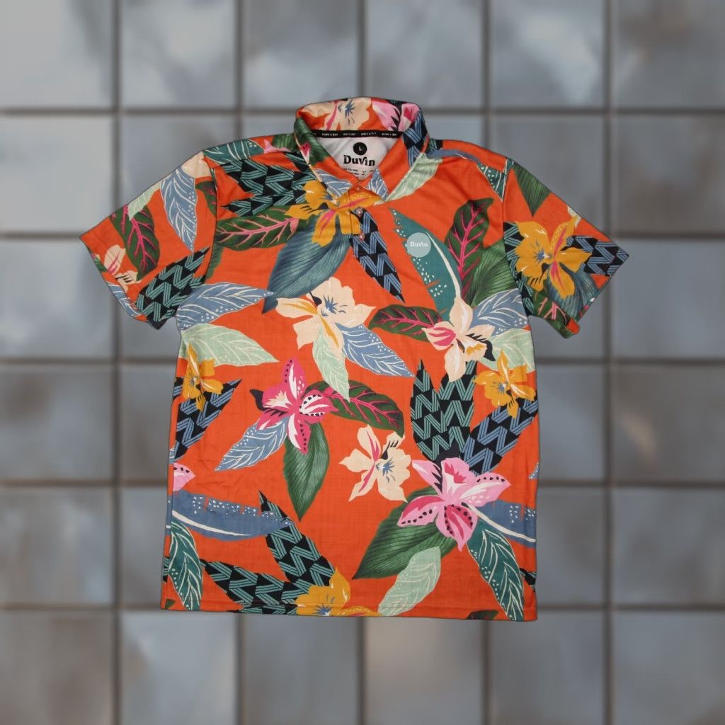 Vintage Duvin Men's Orange Polo Shirt - Golf, Travel, AOP Floral Performance Polo, Short Sleeve, Large, Classic Fit Size US L / EU 52-54 / 3 - 1 Thumbnail