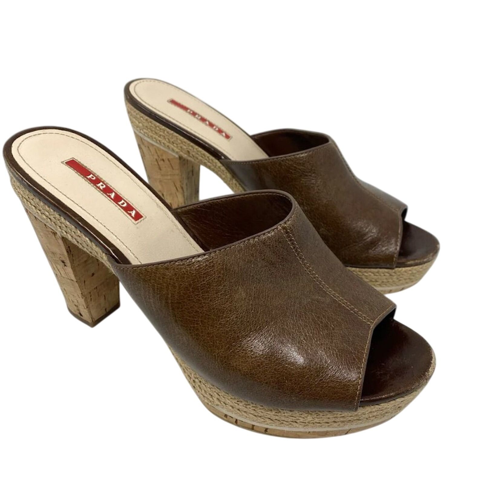 Prada Brown Leather Open Toe Platform Mule Shoes Slide On 37.5 7.5, Women's