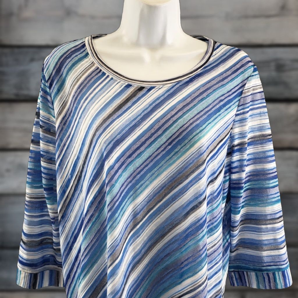 Alife Focus Casual Life Womens Top Shirt L Blue White Stripe 3/4 Sleeve Sheer Casual Occasional Blues Size L / US 10 / IT 46 - 1 Thumbnail