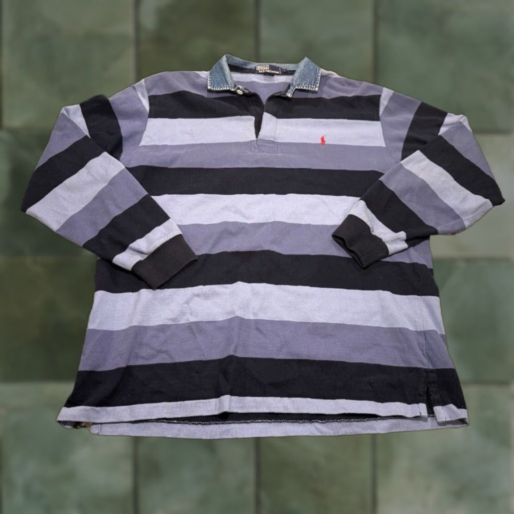 Polo Ralph Lauren VINTAGE Polo Ralph Lauren Rugby Shirt Denim Collar Striped Large Men L Blue 90s Preppy Logo Embroidered Clothing Size US L / EU 52-54 / 3 - 1 Thumbnail