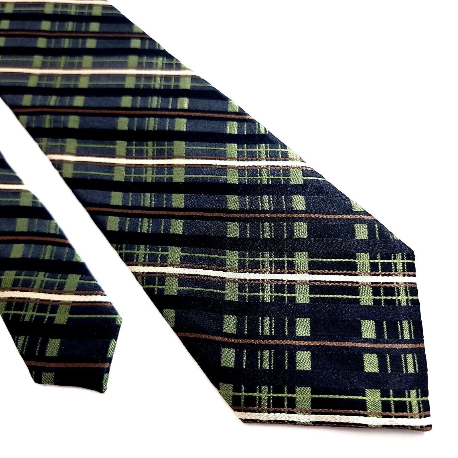 Van Heusen Van Heusen Green Black Plaid Woven Silk Tie Stain Resistant Size ONE SIZE - 1 Thumbnail