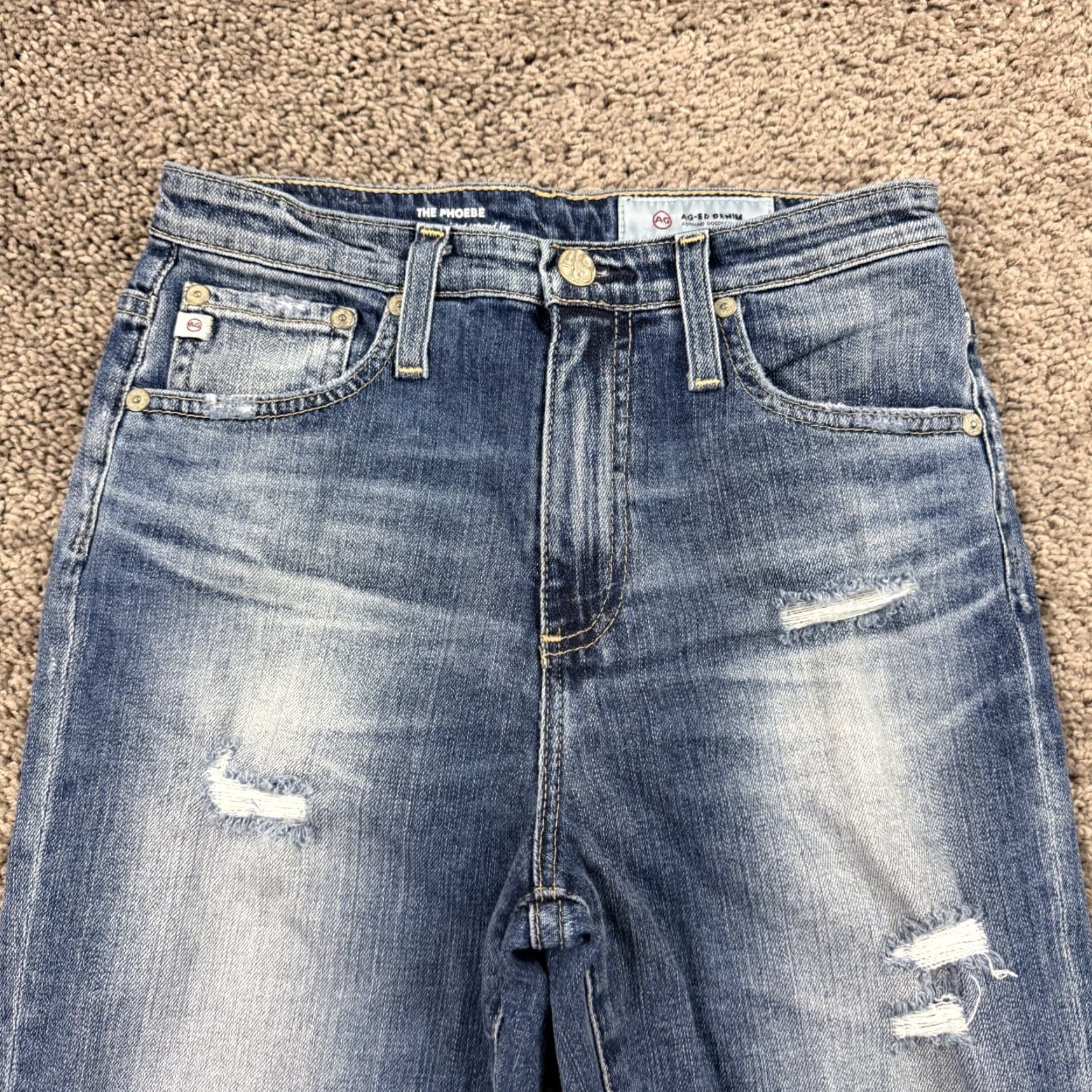 Vintage AG Adriano Goldschmied Jeans Womens 26 Tapered High Waisted Phoebe 24x27 Blue Denim Cotton Blend Regular Rise Distressed Pockets Logo 90s? Size 26" / US 2 / IT 38 - 2 Thumbnail