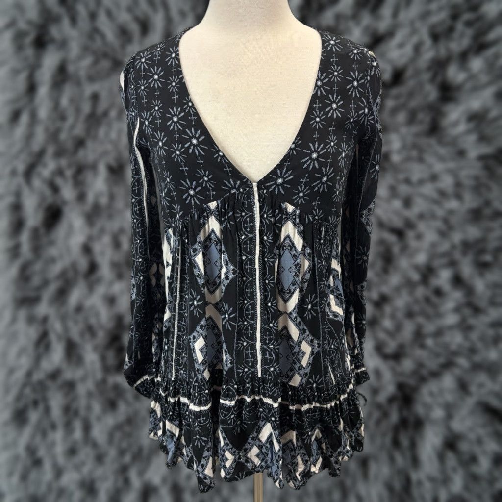 Free People VINTAGE Free People Tunic Top XS Women Boho Geometric Ruffle Balloon Sleeve V-Neck Mini Dress Blue Size XS / US 0-2 / IT 36-38 - 1 Thumbnail