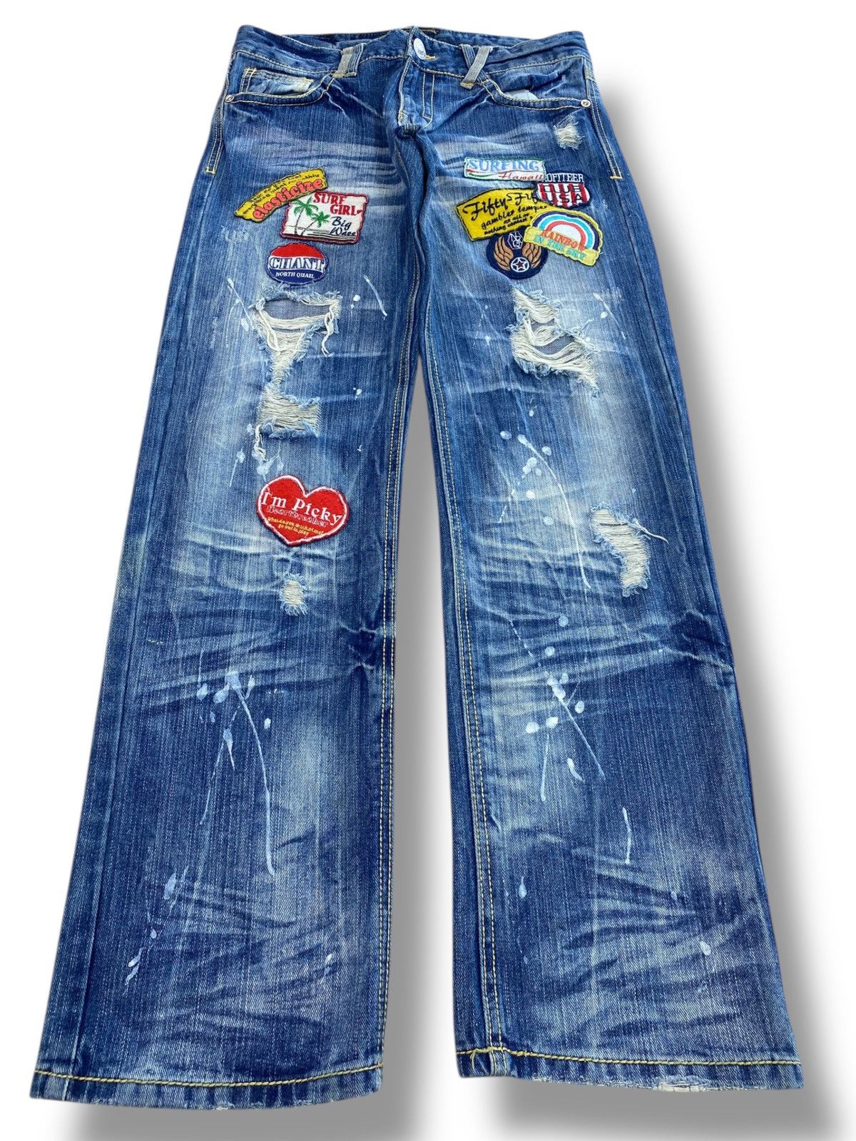 Japanese Brand Surf Girl Patch Work Distressed Style Skinny Leg Jeans Size 31" - 1 Thumbnail