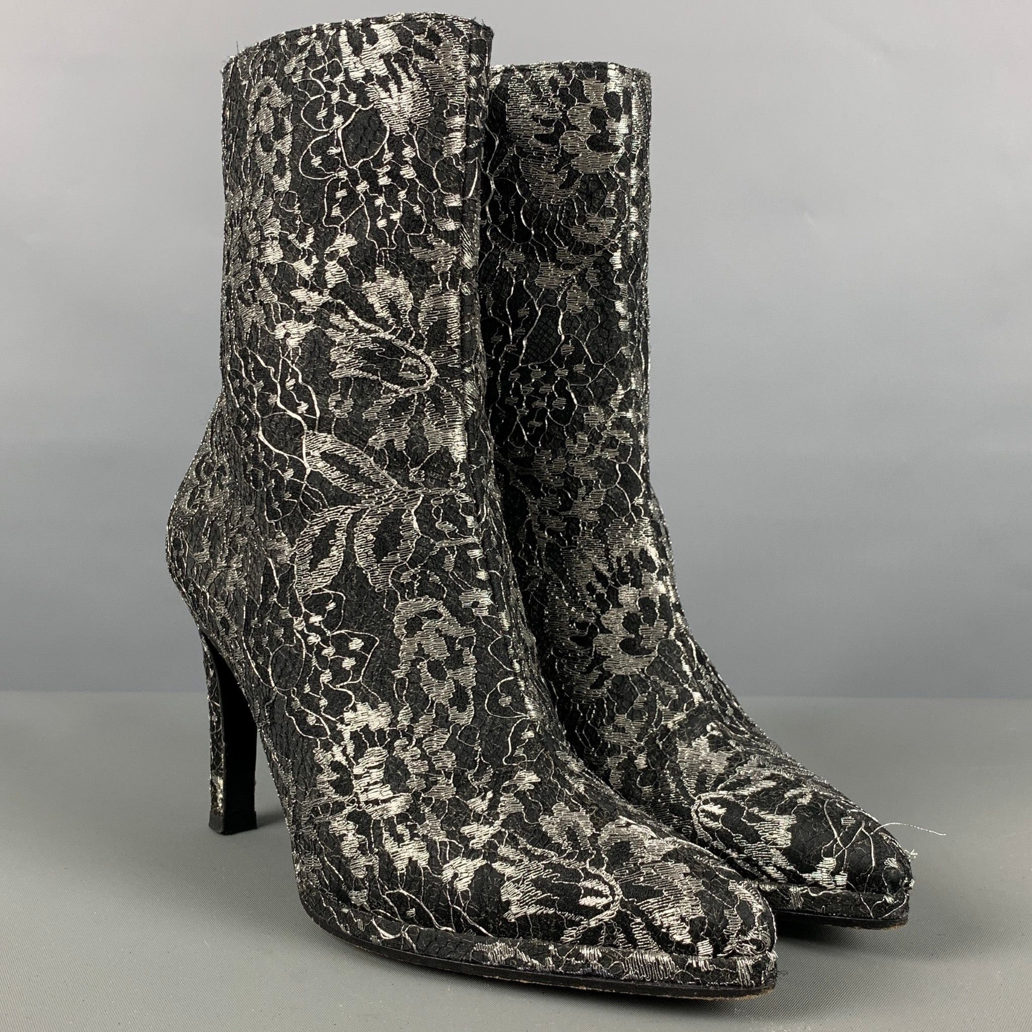 image of Charles Jourdan Black Grey Leather Floral Side Zipper Boots, Women's (Size 5)