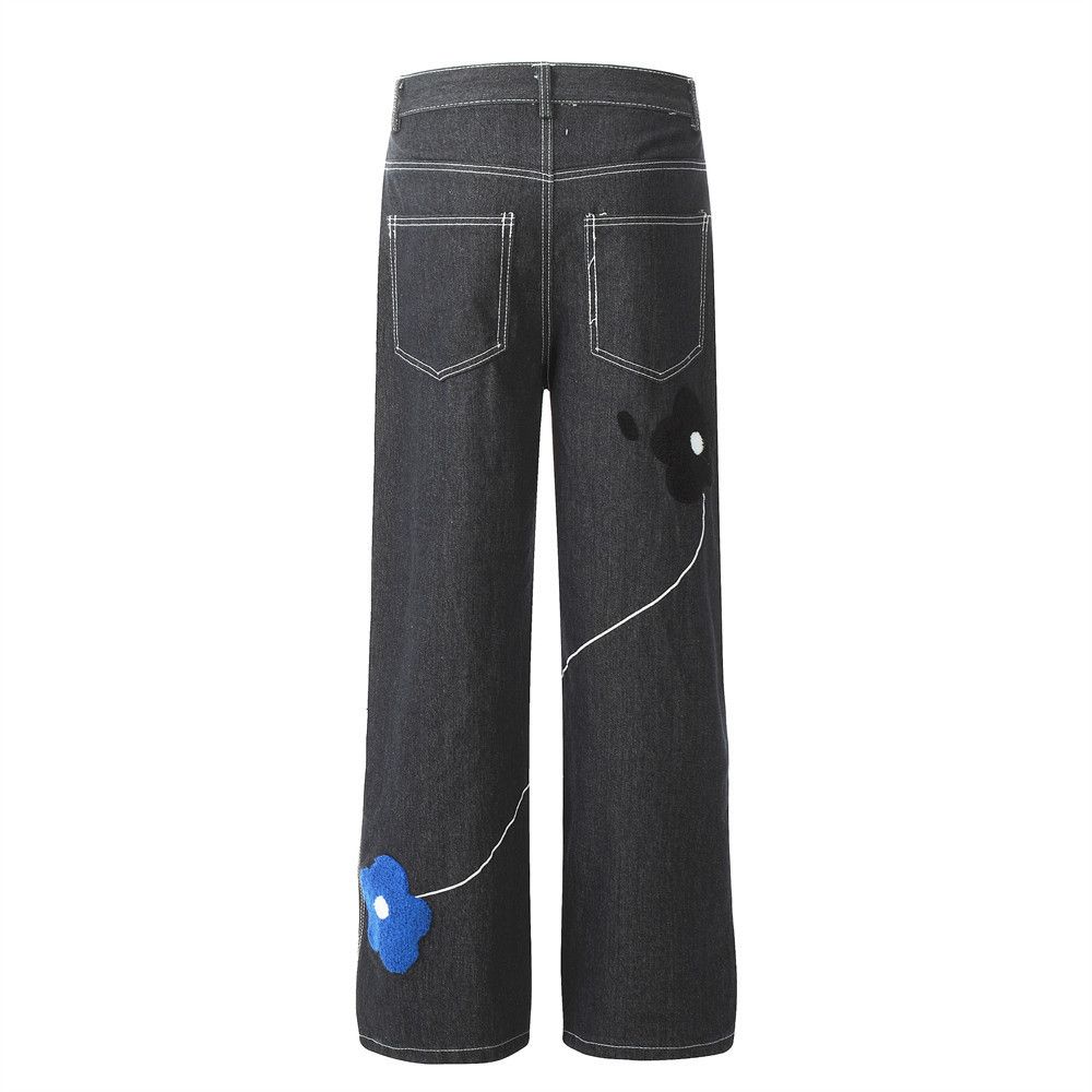 Japanese Brand × Jean Men's loose American straight jeans with floral embroidery Size US 32 / EU 48 - 3 Thumbnail