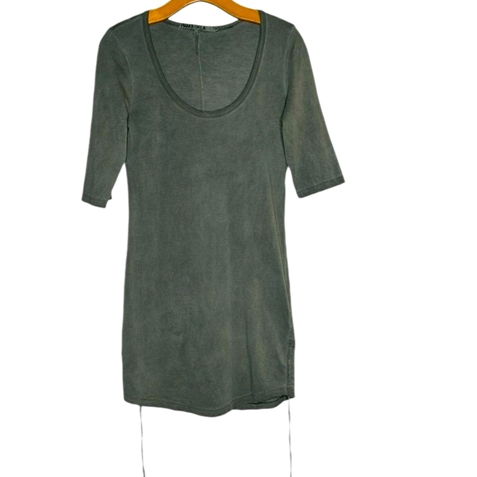 Pam & Gela Pam & Gela Scoop Neck Dress Ruched 1/2 Sleeve Khaki Green SM Size S / US 4 / IT 40 - 4 Thumbnail