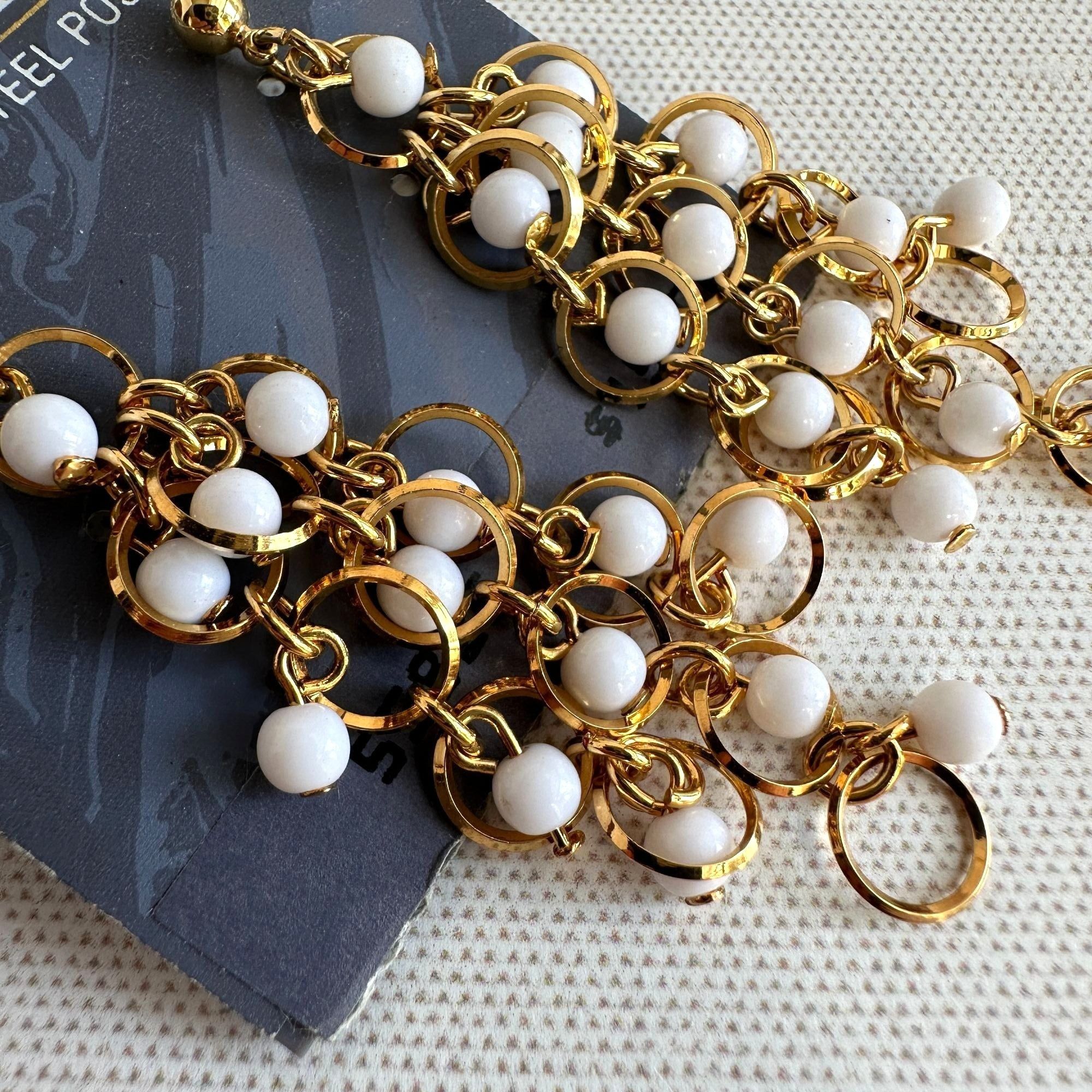 Other Trifari Gold Tone White Bead Cascade Drop Earrings 1990s Sur Size ONE SIZE - 3 Thumbnail