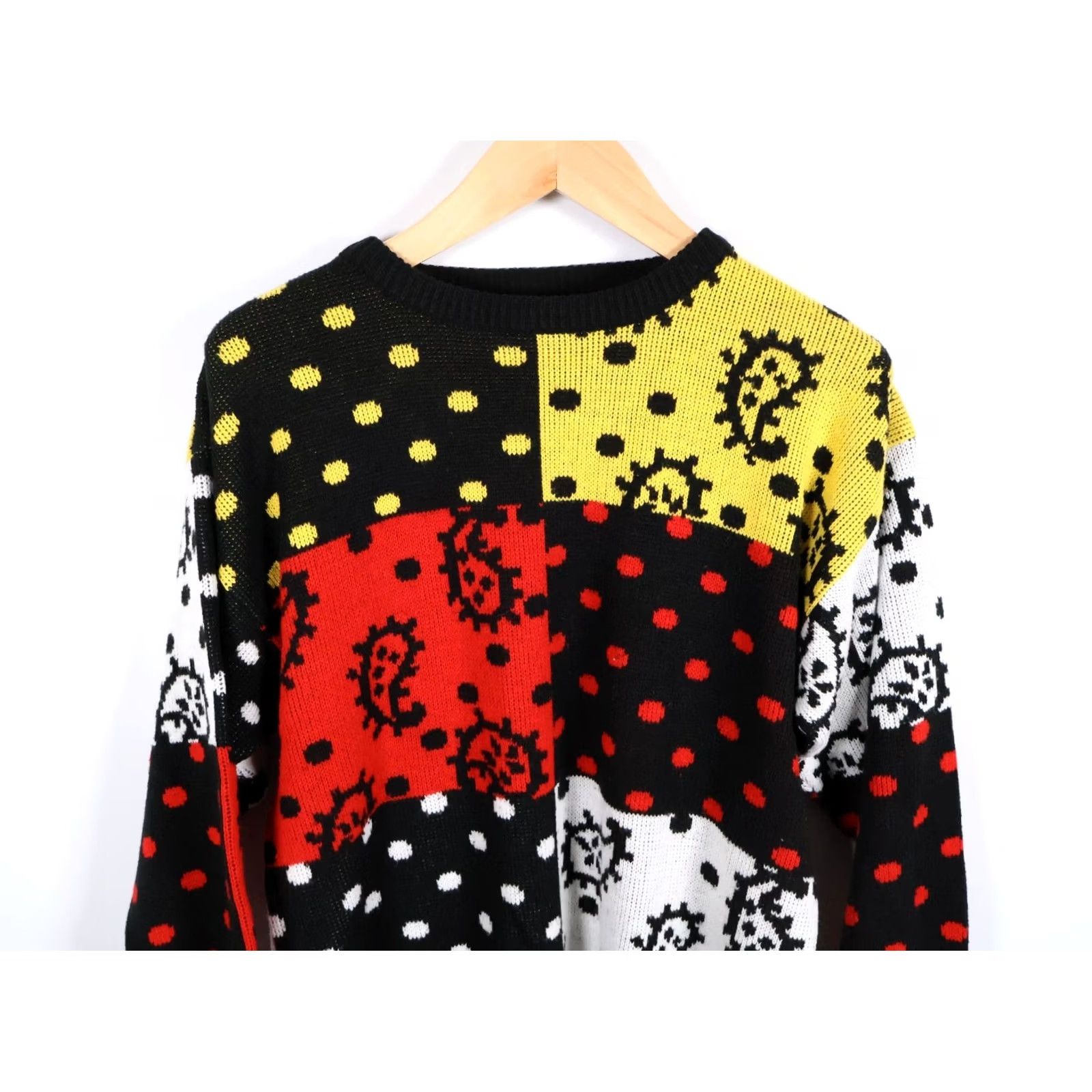 Vintage VINTAGE 90s Patchwork Pattern Sweater Women's M Black Red Yellow Paisley VTG Knit Pullover Crew Neck Long Sleeve Size M / US 6-8 / IT 42-44 - 4 Thumbnail