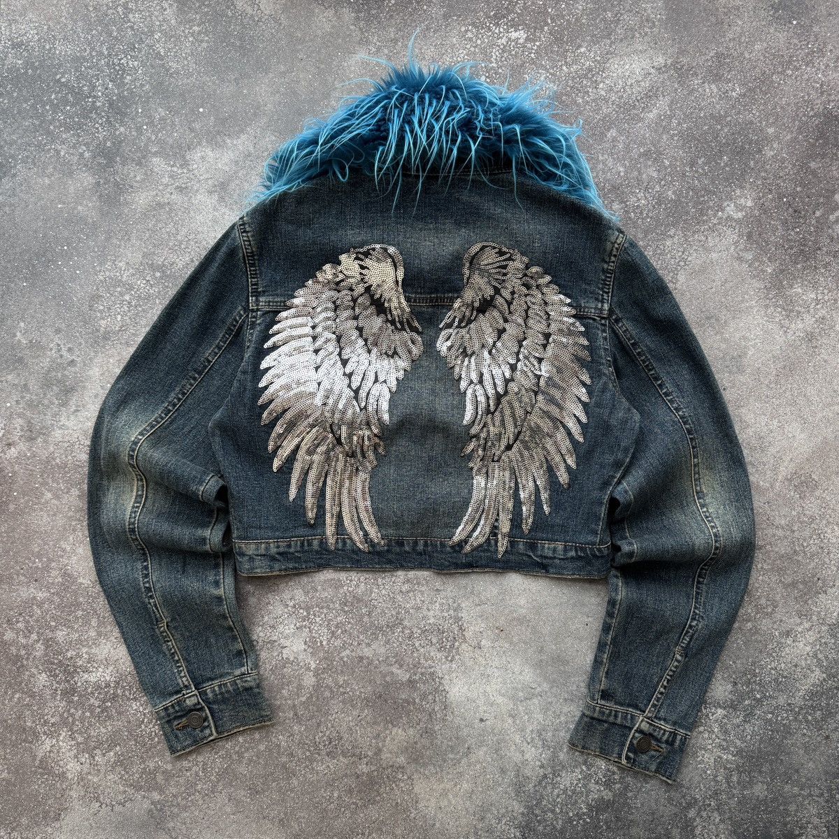 If Six Was Nine Angel Wings Y2K Gothic Vintage Washed Denim Cropped Jacket Size S / US 4 / IT 40 - 1 Thumbnail