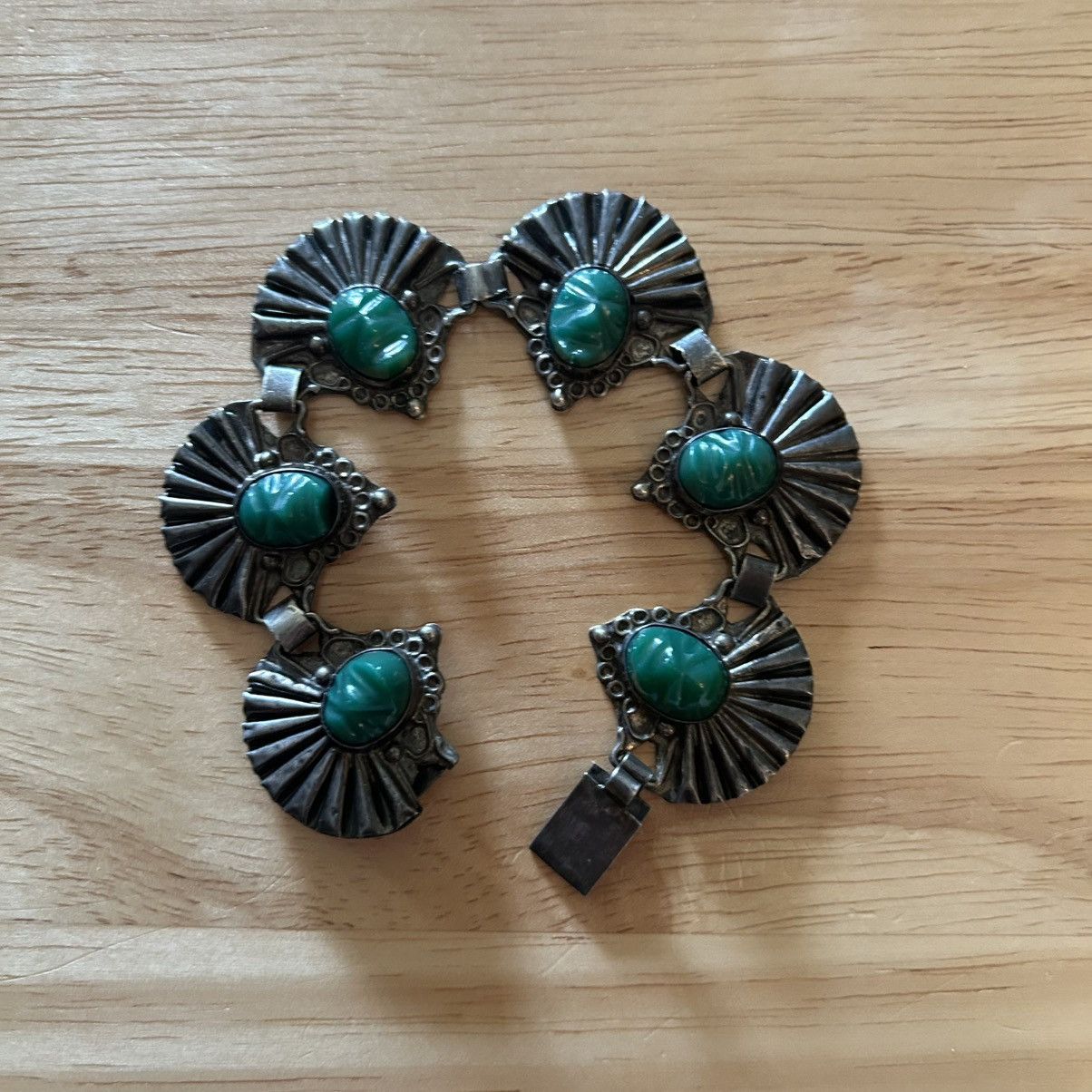 Jewelry x Navajo Vintage Taxco Mexico Silver Green Onyx Mask Link Bracelet, Men's