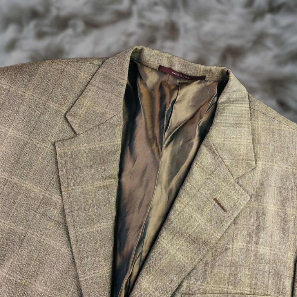 Hickey Freeman Men's Wool 2-Button Blazer Brown Herringbone Plaid USA 46 R