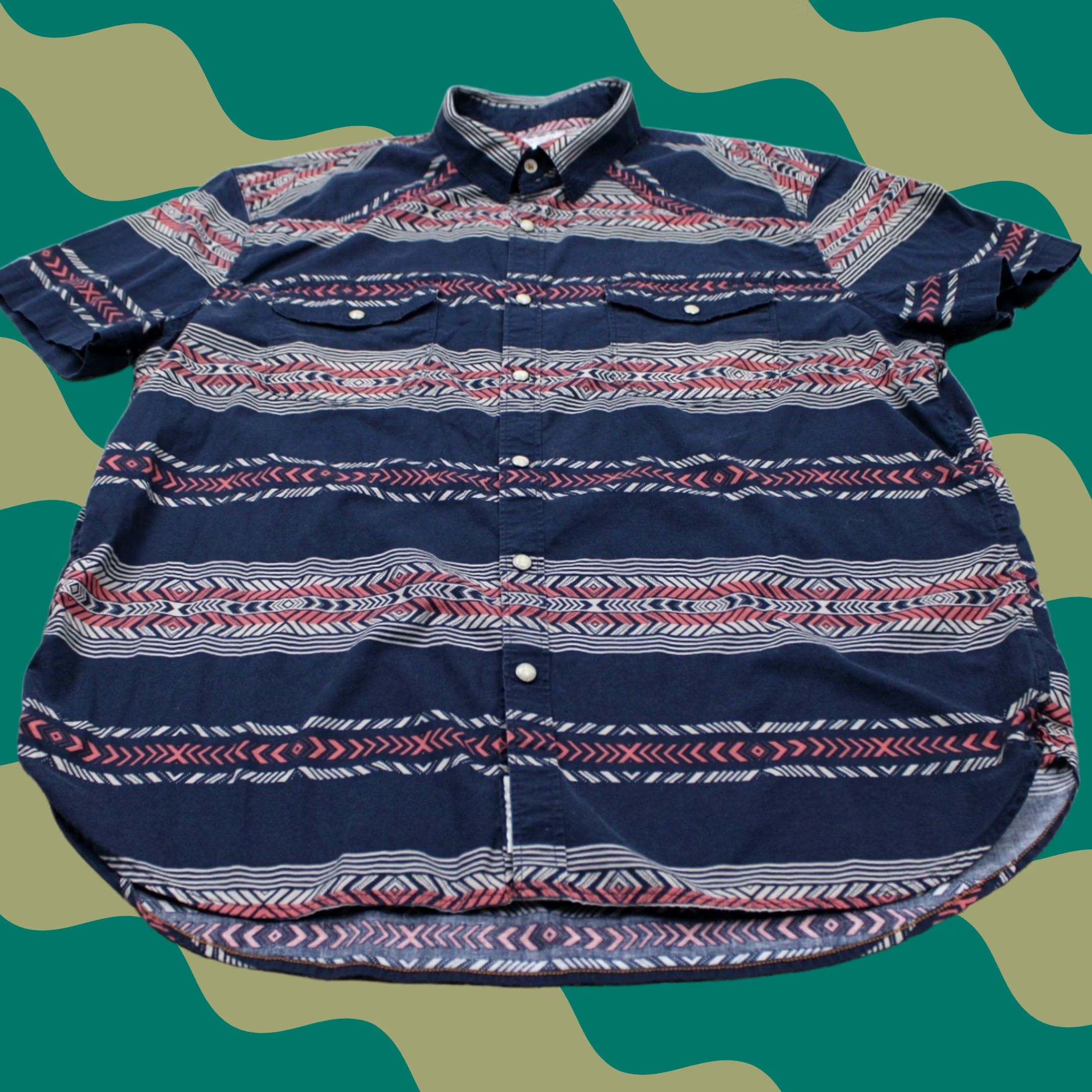 Lucky Brand Lucky Brand Pearl Snap Shirt Mens L Blue/Pink/White Cotton Stretch S/S Shirt Size US L / EU 52-54 / 3 - 1 Thumbnail