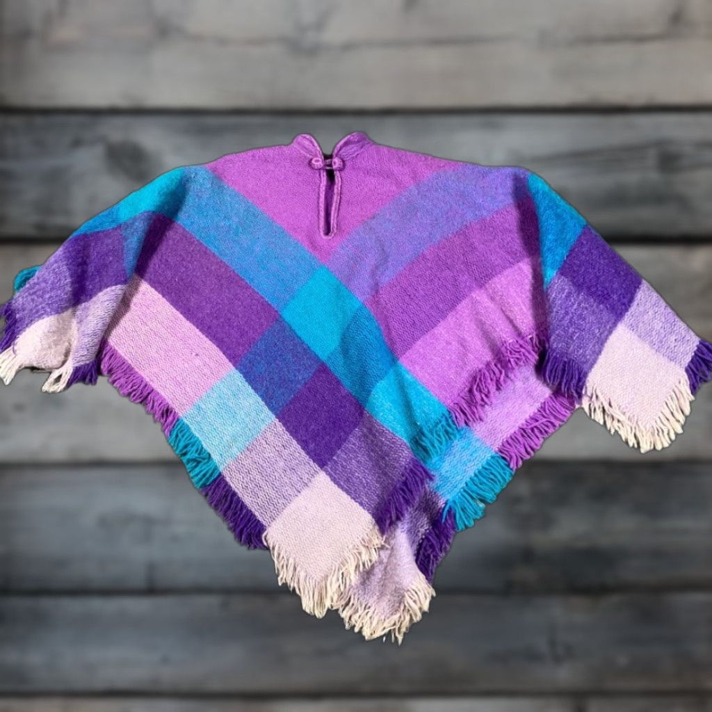 Altea VINTAGE Poncho Wool Purple Teal Plaid Fringe Mujer One Size Boho 80s 90s Hipster Retro Women Size ONE SIZE - 1 Thumbnail