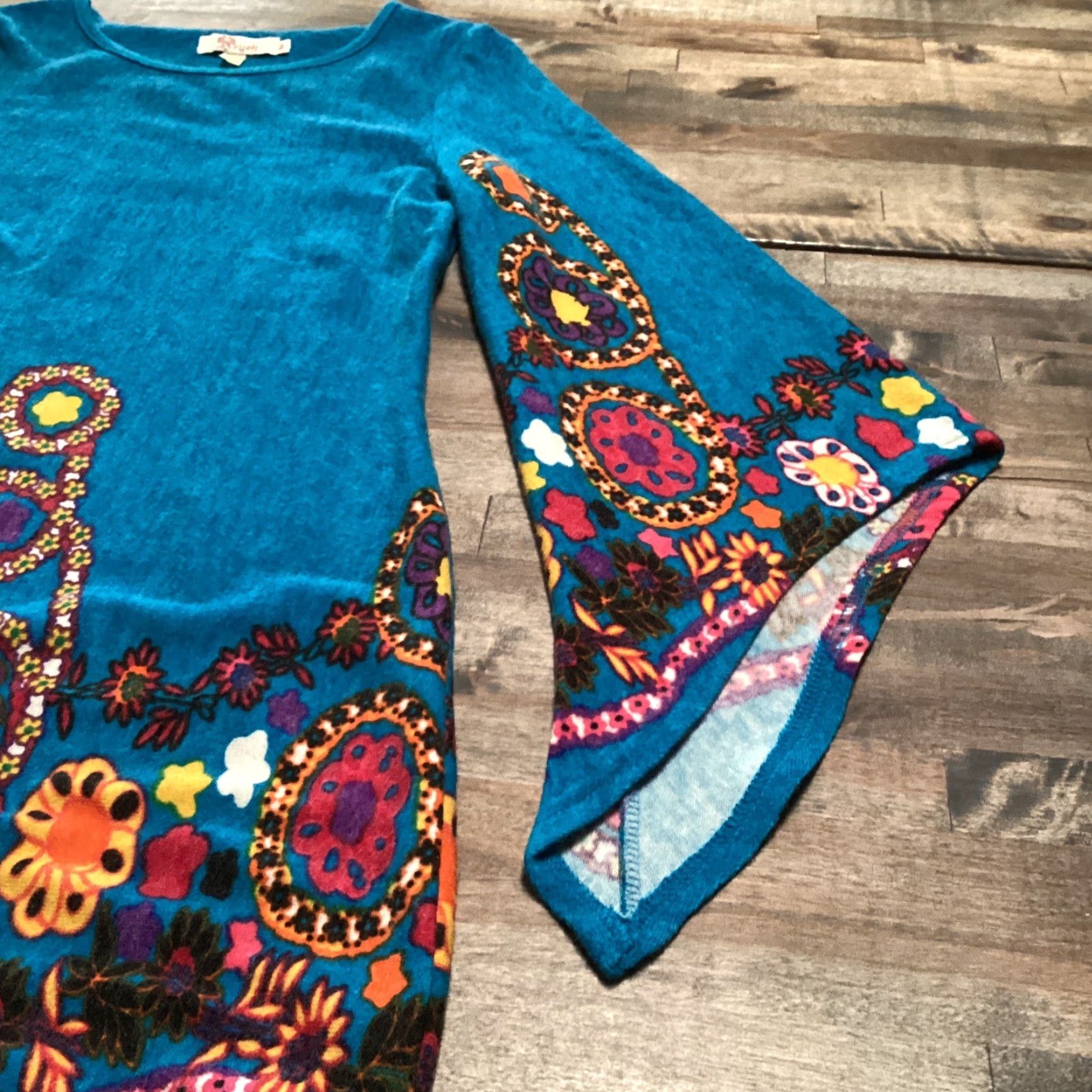 Anthropologie Aryeh Anthropologie Sweater Dress Women M Blue Flowers Flare Sleeve Boho Retro Knee Length Knit Pullover Size M Blue Womens Dress } Size M / US 6-8 / IT 42-44 - 4 Thumbnail