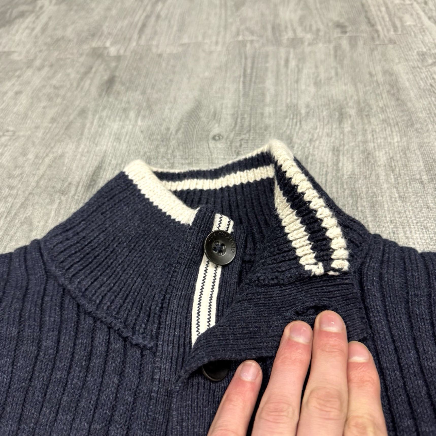 Marc O'Polo MARC O'POLO MEN'S HIGH NECK CARDIGAN SWEATER METAL BUTTON ORGANIC COTTON LARGE NAVY BLUE Size US L / EU 52-54 / 3 - 3 Thumbnail