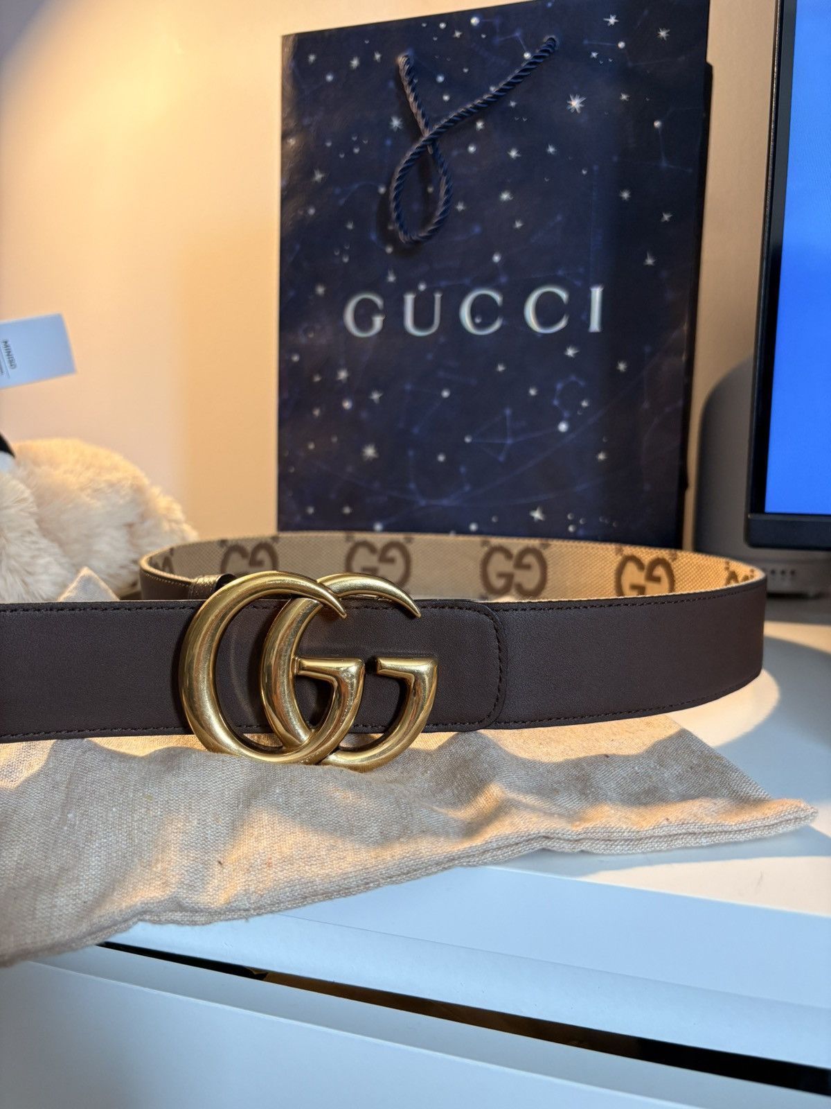 Gucci Gucci GG Marmont Reversible Belt Brown Beige Gold Buckle Size 38 - 2 Thumbnail