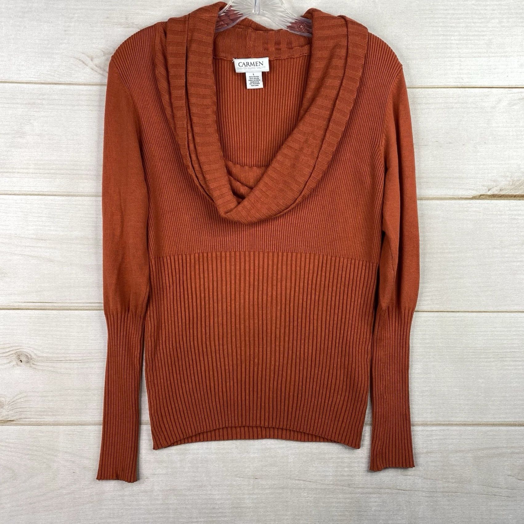 Vintage Carmen Marc Valvo Sweater Womens L Red Cowl Neck Stretch Knitted Ribbed Knit Bell Sleeve Size L / US 10 / IT 46 - 2 Thumbnail