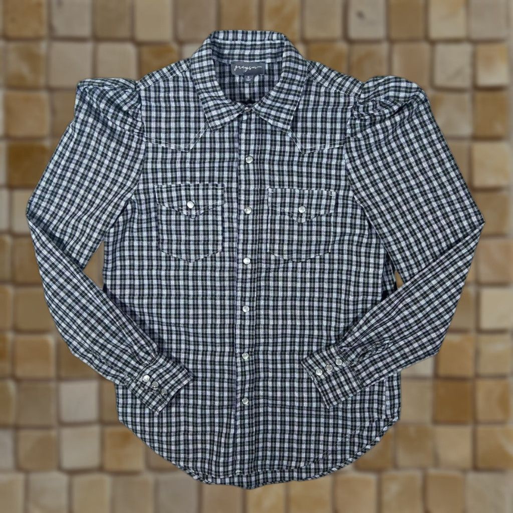 Vintage Greyson Cowboy Western Plaid Check Pearl Snap Popper Long Sleeve Shirt Women's S Navy/Brown/White Check Size S / US 4 / IT 40 - 1 Thumbnail