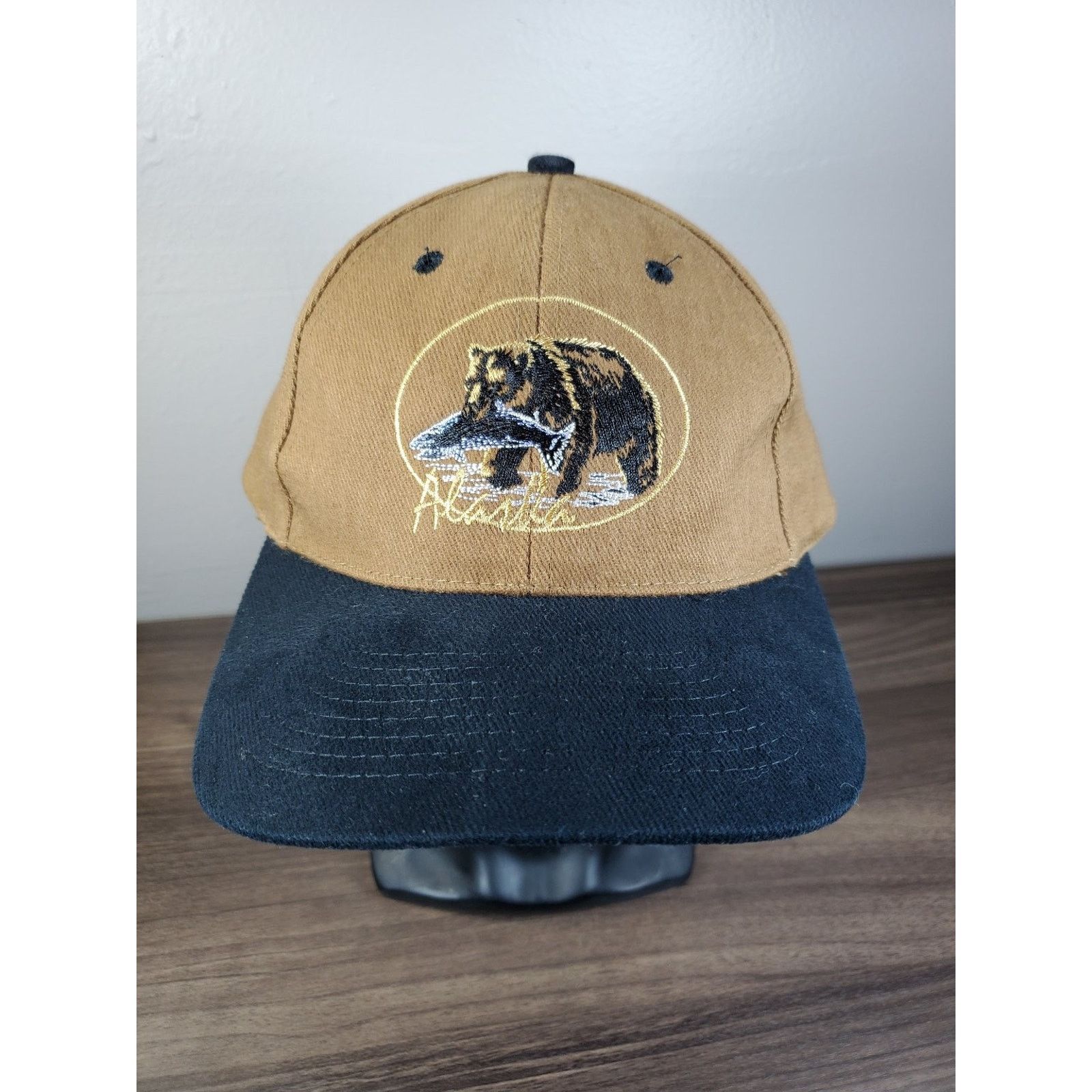 Vintage ALASKA Hat Headliners Strap Cap Brown Grizzly Bear w/ Fish Size ONE SIZE - 2 Thumbnail