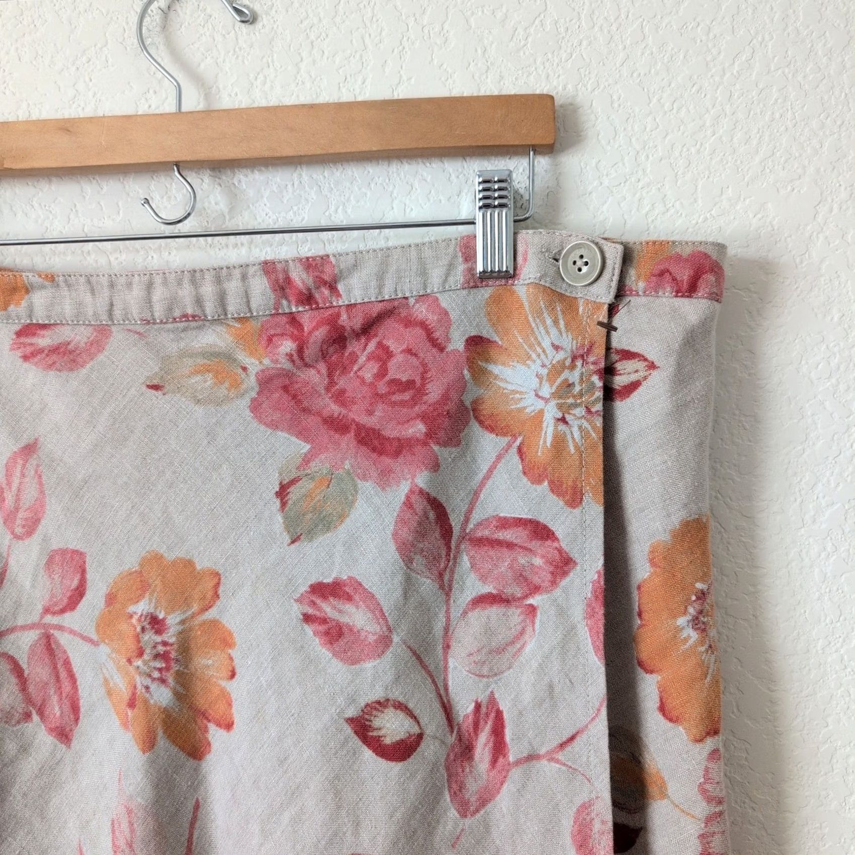 Eddie Bauer VINTAGE Eddie Bauer Skirt Wrap Midi Womens 16 Tan Floral 90s Linen Beige Pink Size 38" / US 16 / IT 52 - 6 Thumbnail