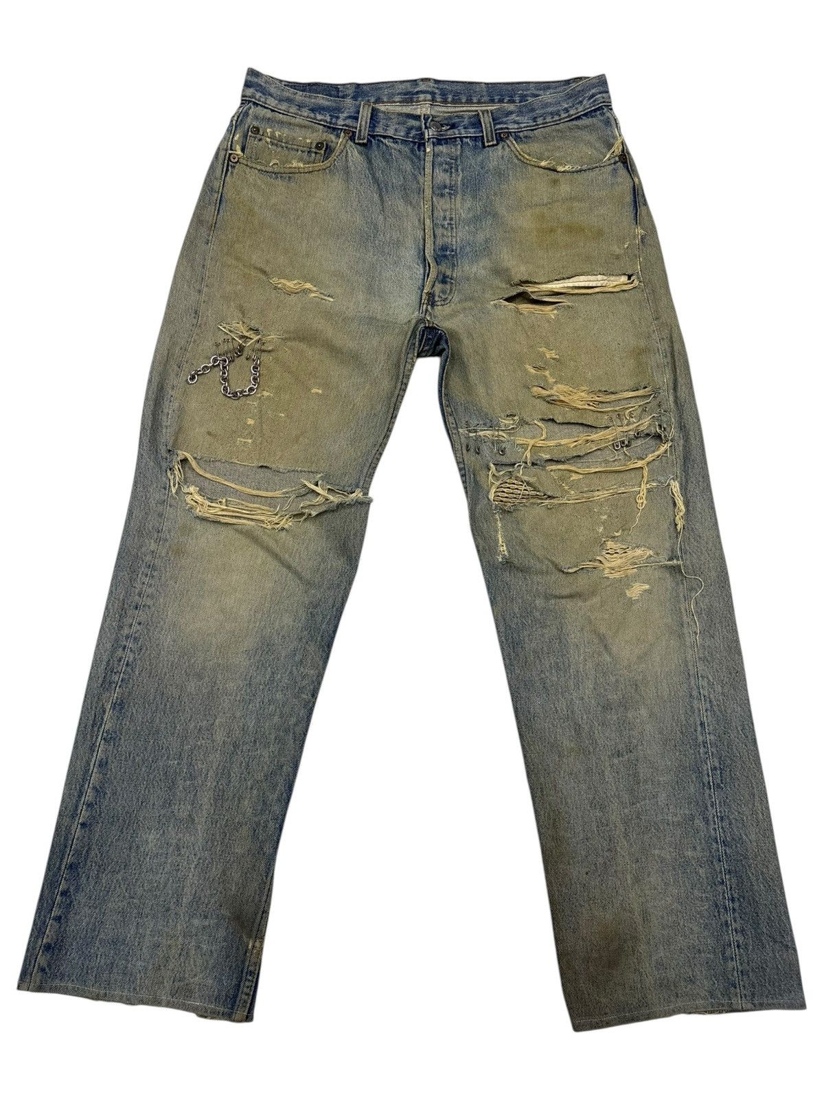 Kapital THRASHED LEVIS 501⛓️‍💥 CHAIN PUNK MUD WASH DISTRESS DENIM JEANS Size US 34 / EU 50 - 1 Thumbnail