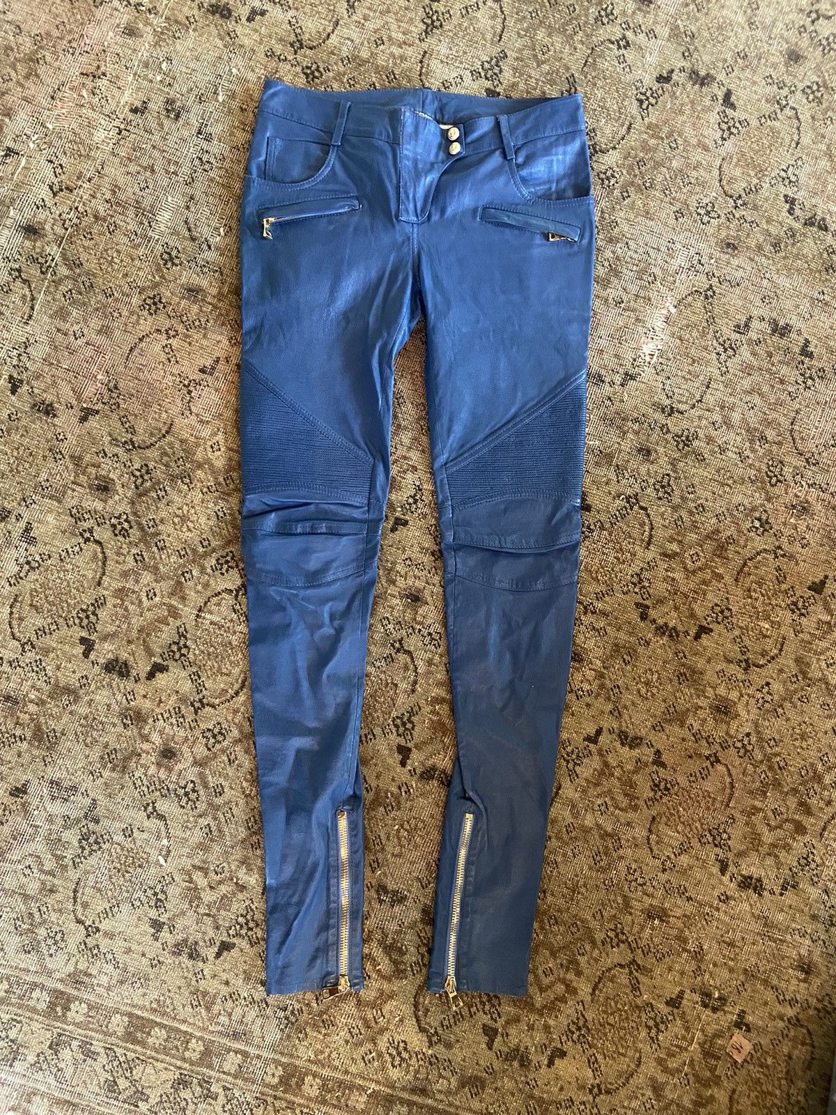 Balmain Balmain blue leather pants with gold hardware Size 25" / US 0 / IT 36 - 1 Thumbnail
