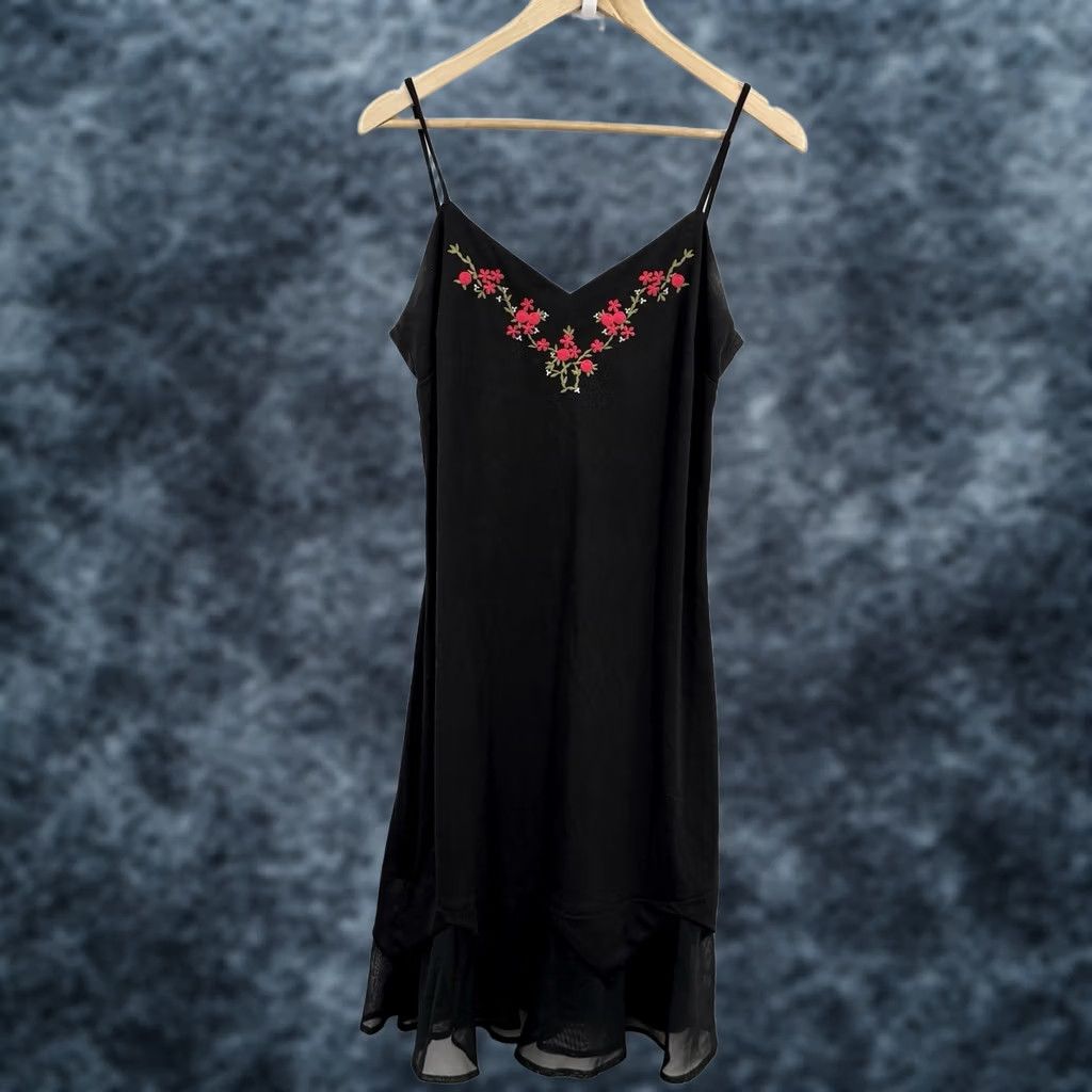 Vintage VINTAGE 90s Y2K Slip Dress Black 6 Whimsigoth Floral Embroidered Dark Fairy Midi Size M / US 6-8 / IT 42-44 - 1 Thumbnail