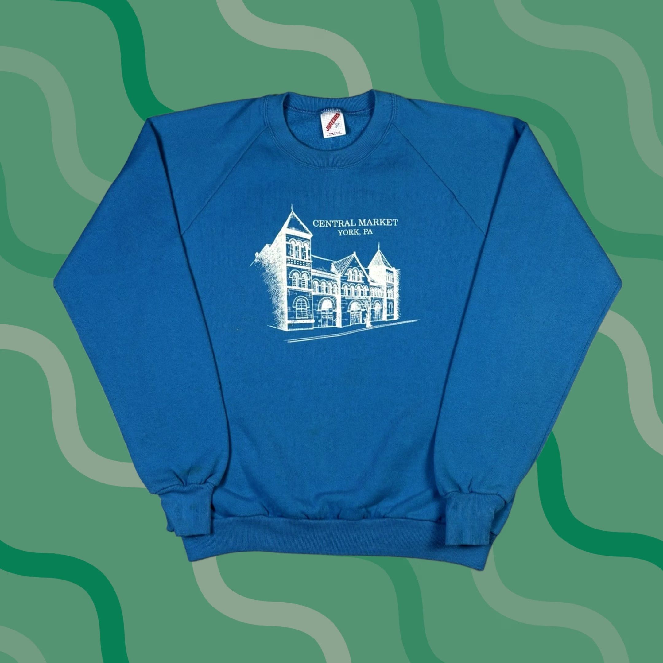 Jerzees VINTAGE Central Market York Sweatshirt Raglan Adult Large Blue 80s Nike? Size US L / EU 52-54 / 3 - 1 Thumbnail