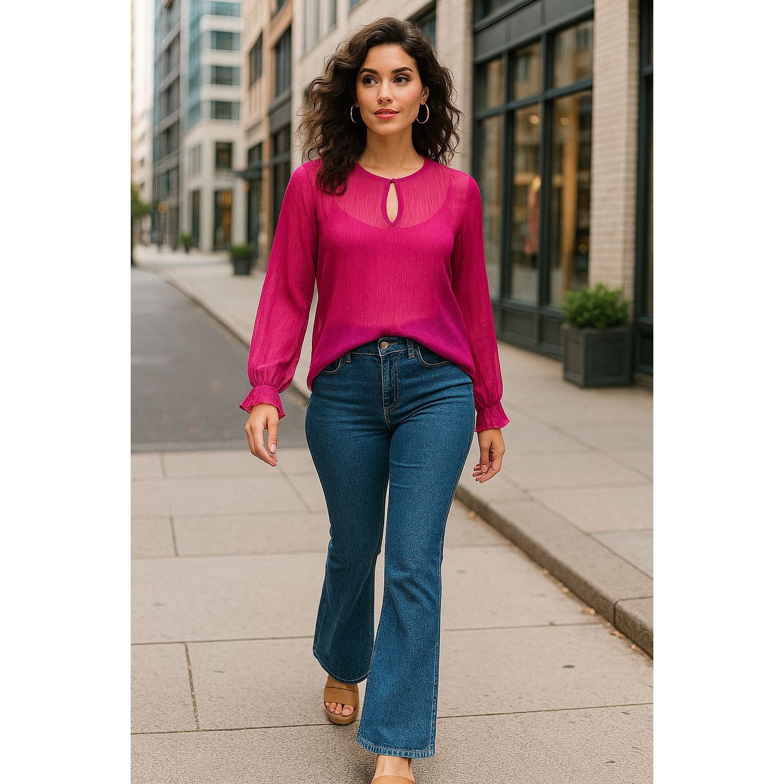Sears Simply Styled by Sears Sheer XL Fuschia Pink Long Sleeve Blo Size XL / US 12-14 / IT 48-50 - 2 Thumbnail