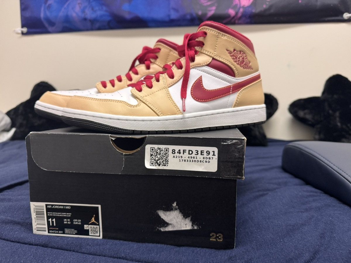 Jordan Brand Jordan 1 mid light curry cardinal red Size US 11 / EU 44 - 1 Thumbnail