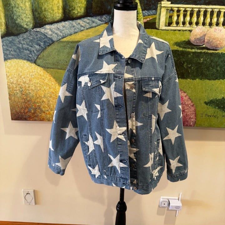 Other Altar'd State Women's Star Denim Jacket Blue Geometric Size Size L / US 10 / IT 46 - 1 Thumbnail
