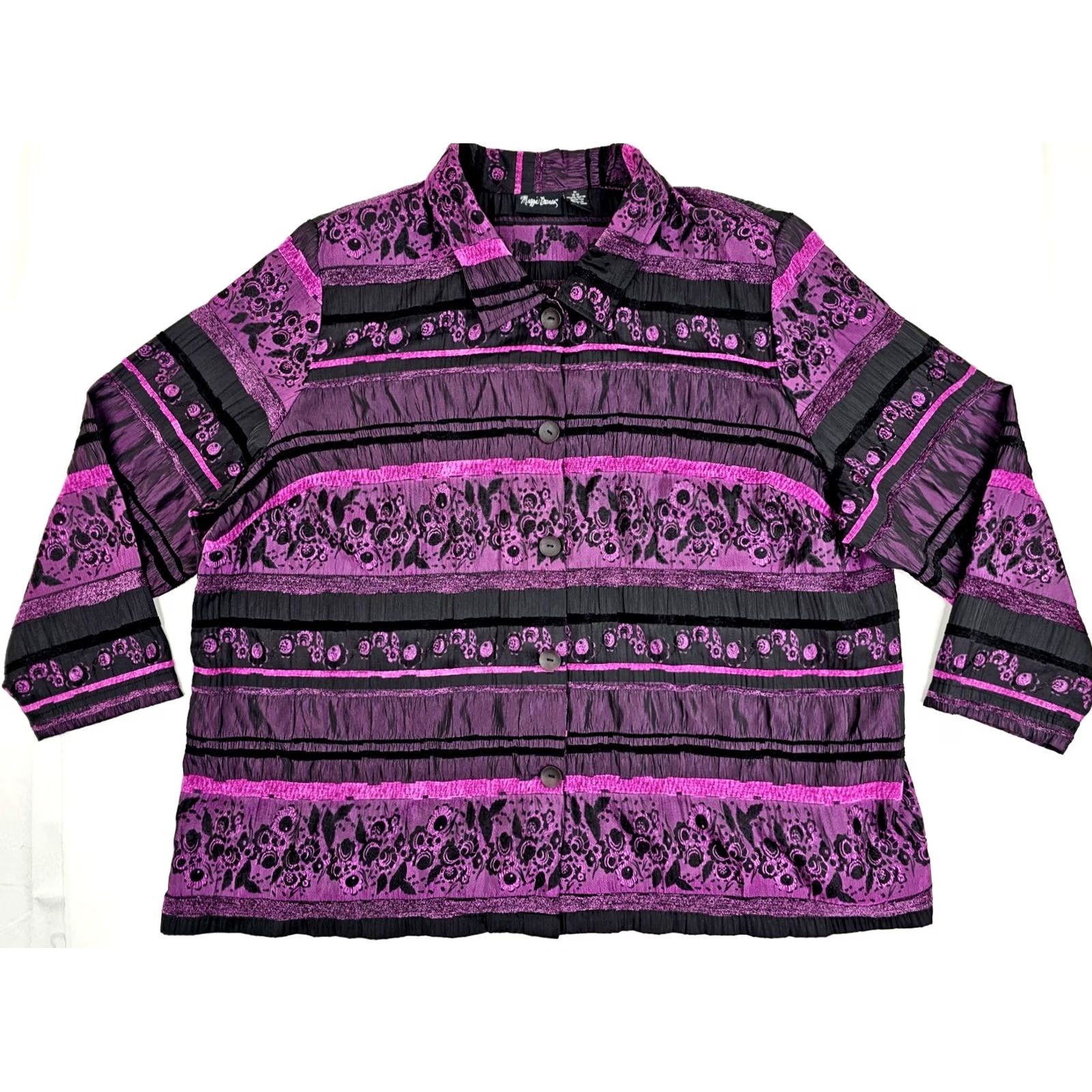 Vintage Maggie Barnes Tunic Shirt Women 3X Plus - Purple Black Floral Metallic Mock Neck Long Sleeve Shirt Womens Size XXL / US 16-18 / IT 52-54 - 2 Thumbnail
