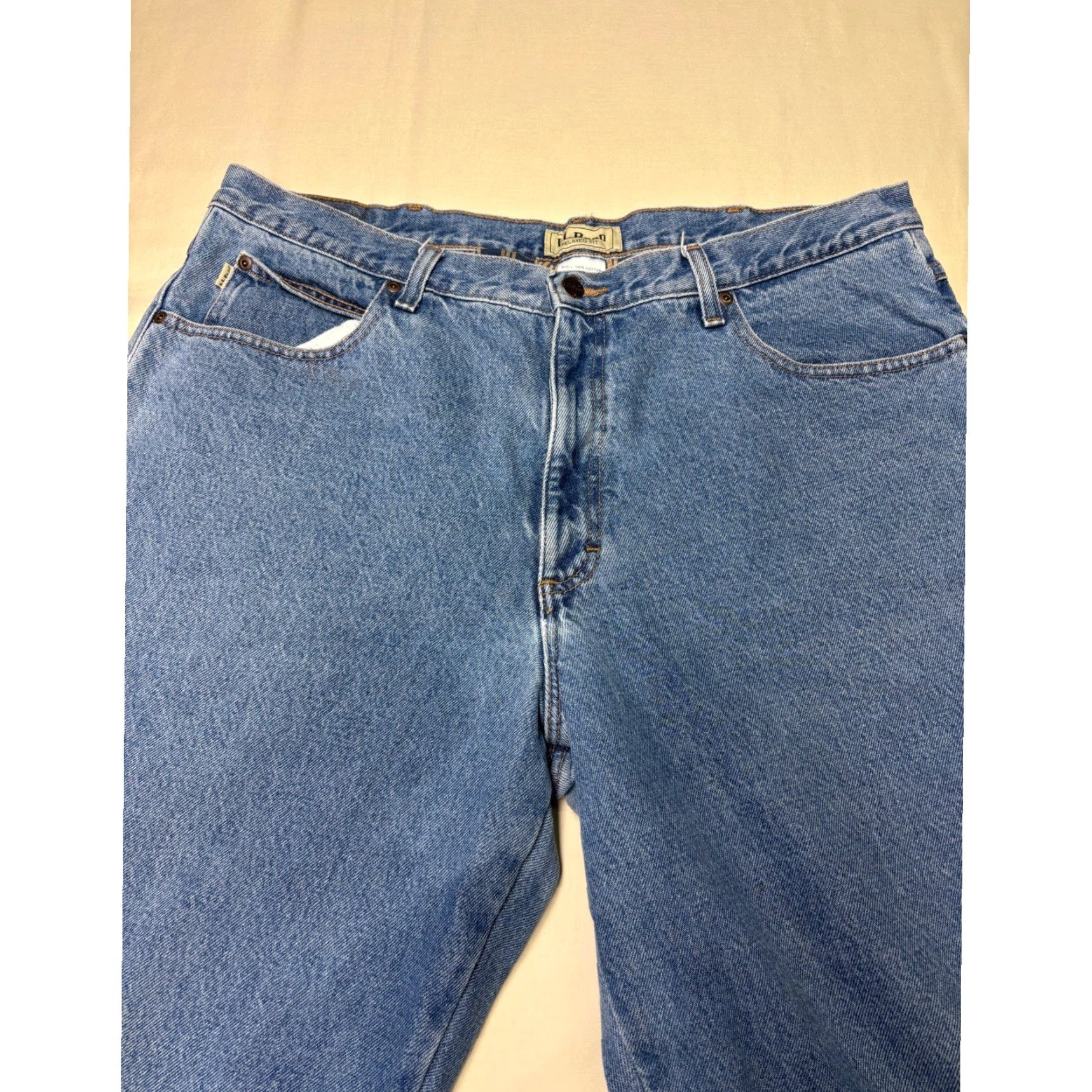 Vintage L.L. Bean Jeans Mens 40x32 Relaxed Fit Denim Flannel Lined Blue Plaid Insulated 5-Pocket Zip Fly Leather Patch Clothing Pants Size US 40 / EU 56 - 2 Thumbnail
