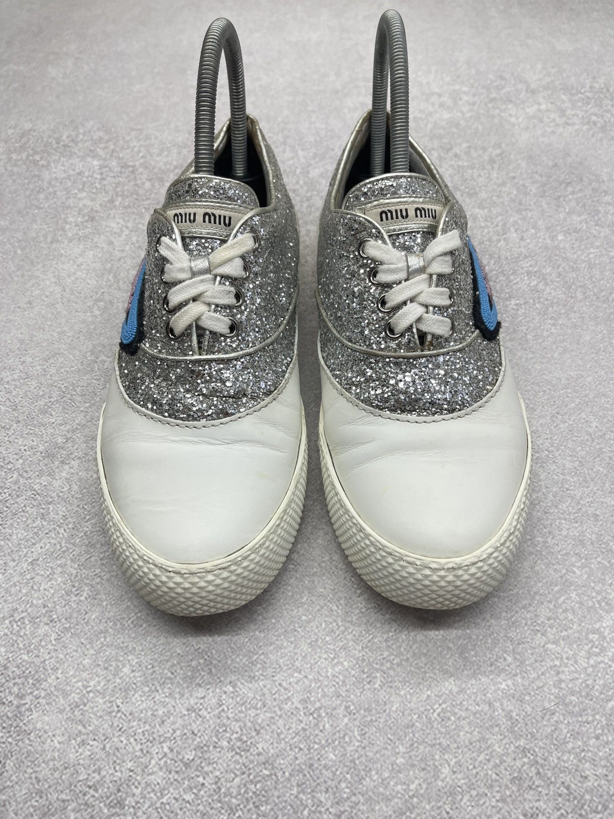 Miu Miu Miu Miu Leather Low Top Sneakers White/Glitter Silver Luxury Size US 7 / IT 37 - 5 Thumbnail