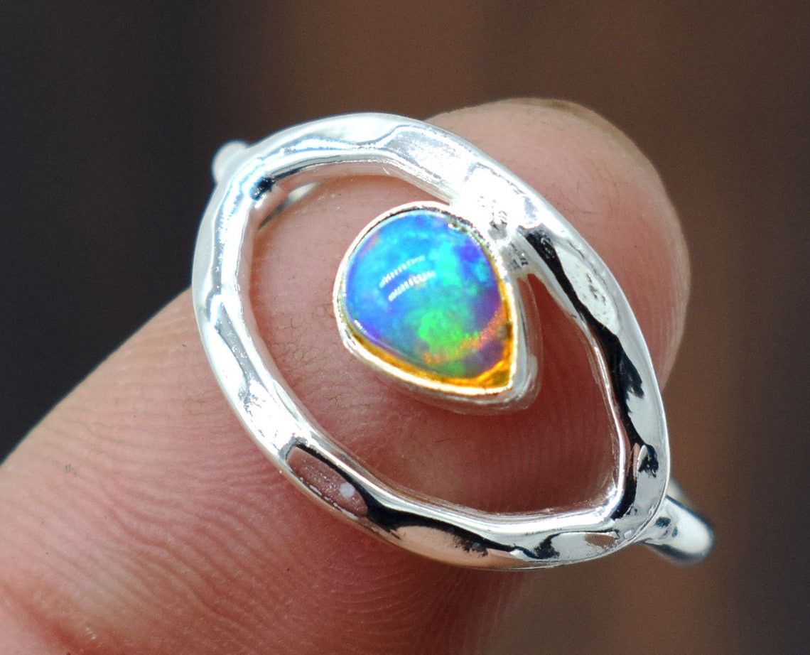 Handmade Handmade Pear Ethiopian Opal Ring Boho 925 Silver Gemstone Size ONE SIZE - 3 Thumbnail