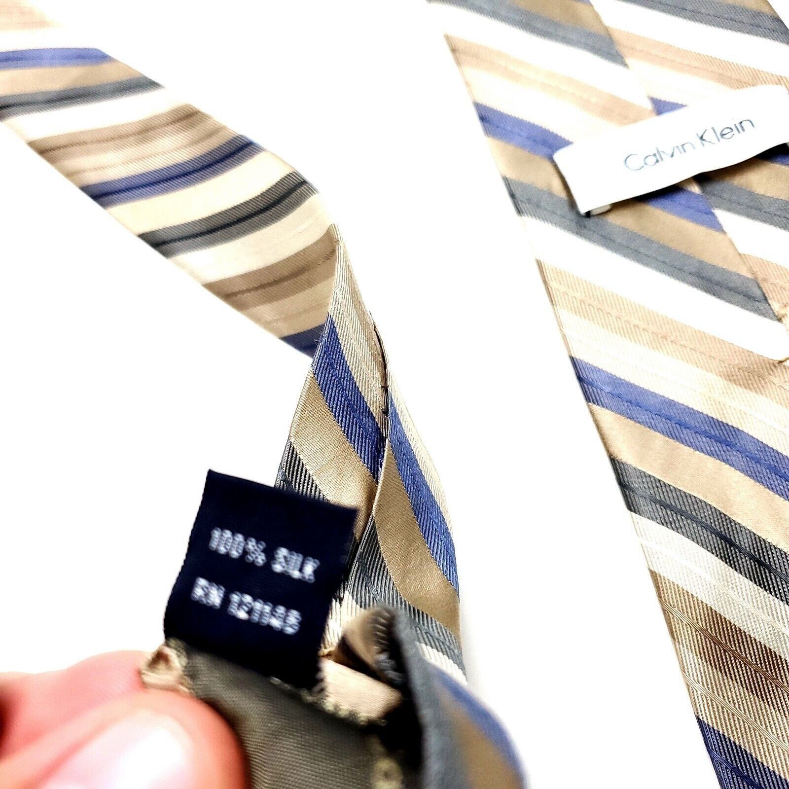 Calvin Klein Calvin Klein Silk Tie Striped Woven Tan Size ONE SIZE - 4 Thumbnail
