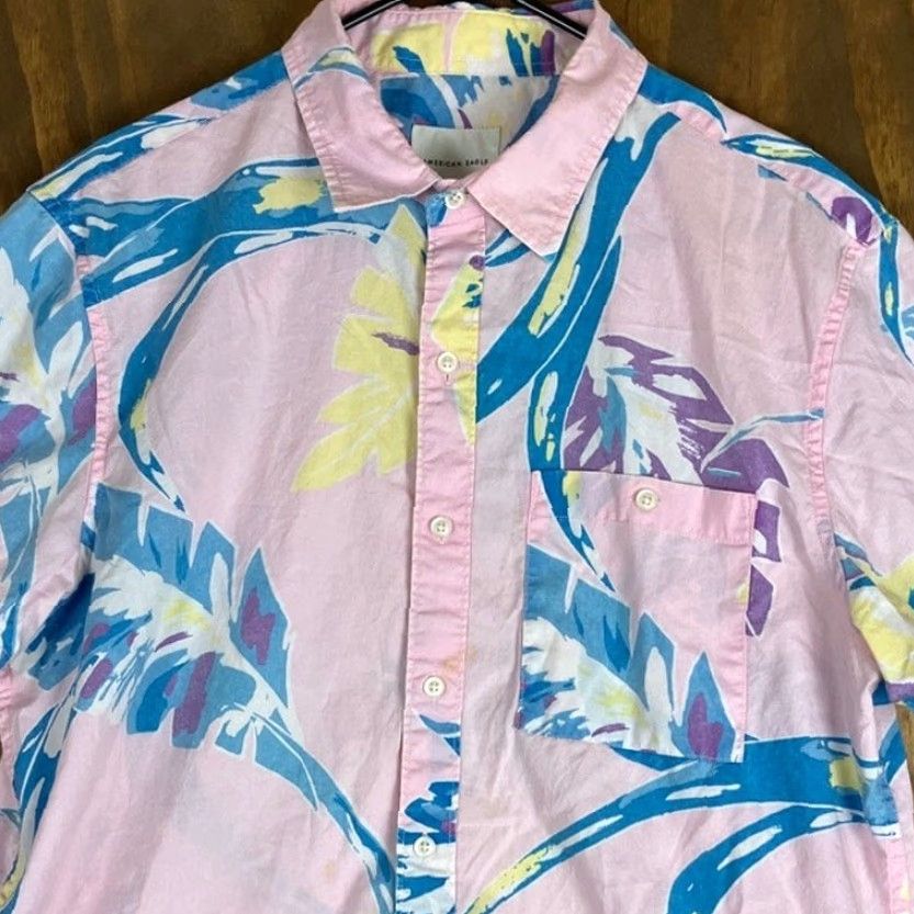 Vintage American Eagle Shirt Mens Button-Down 100% Cotton Pink Blue Floral Short Sleeve L Casual, Workwear, Travel Mens Size US L / EU 52-54 / 3 - 2 Thumbnail