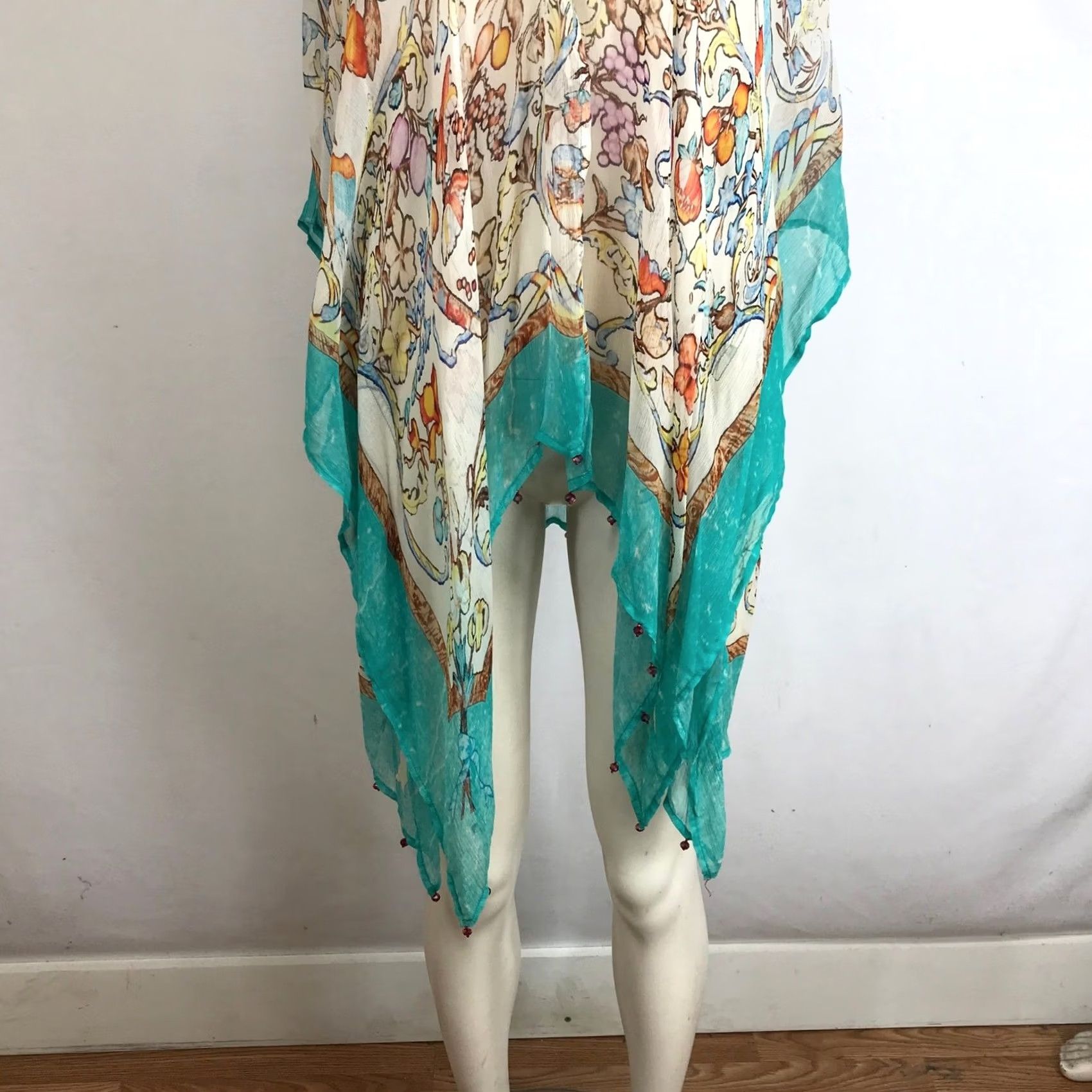 Soft Surroundings Soft Surroundings Kimono Wrap Shirt Womens S Teal Floral Bird Print Cupro Beaded Lightweight Bohemian Size S / US 4 / IT 40 - 3 Thumbnail