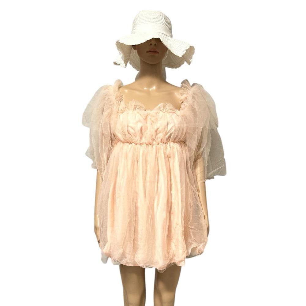 Designer Peach Mini Dress with Puff Sleeves Size M / US 6-8 / IT 42-44 - 2 Thumbnail
