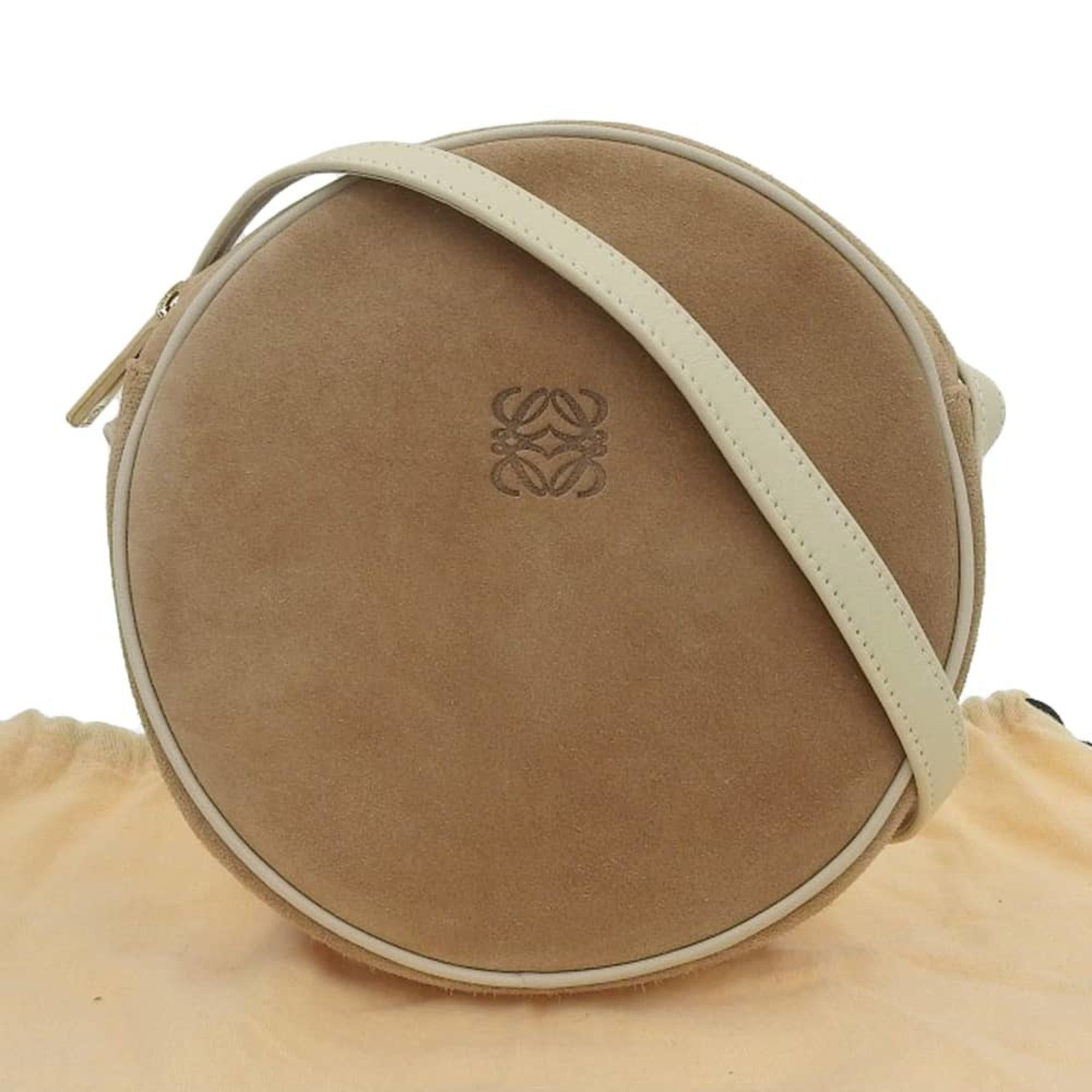 image of Loewe Round Motif Shoulder Bag Suede Leather Beige White in Black, Women's