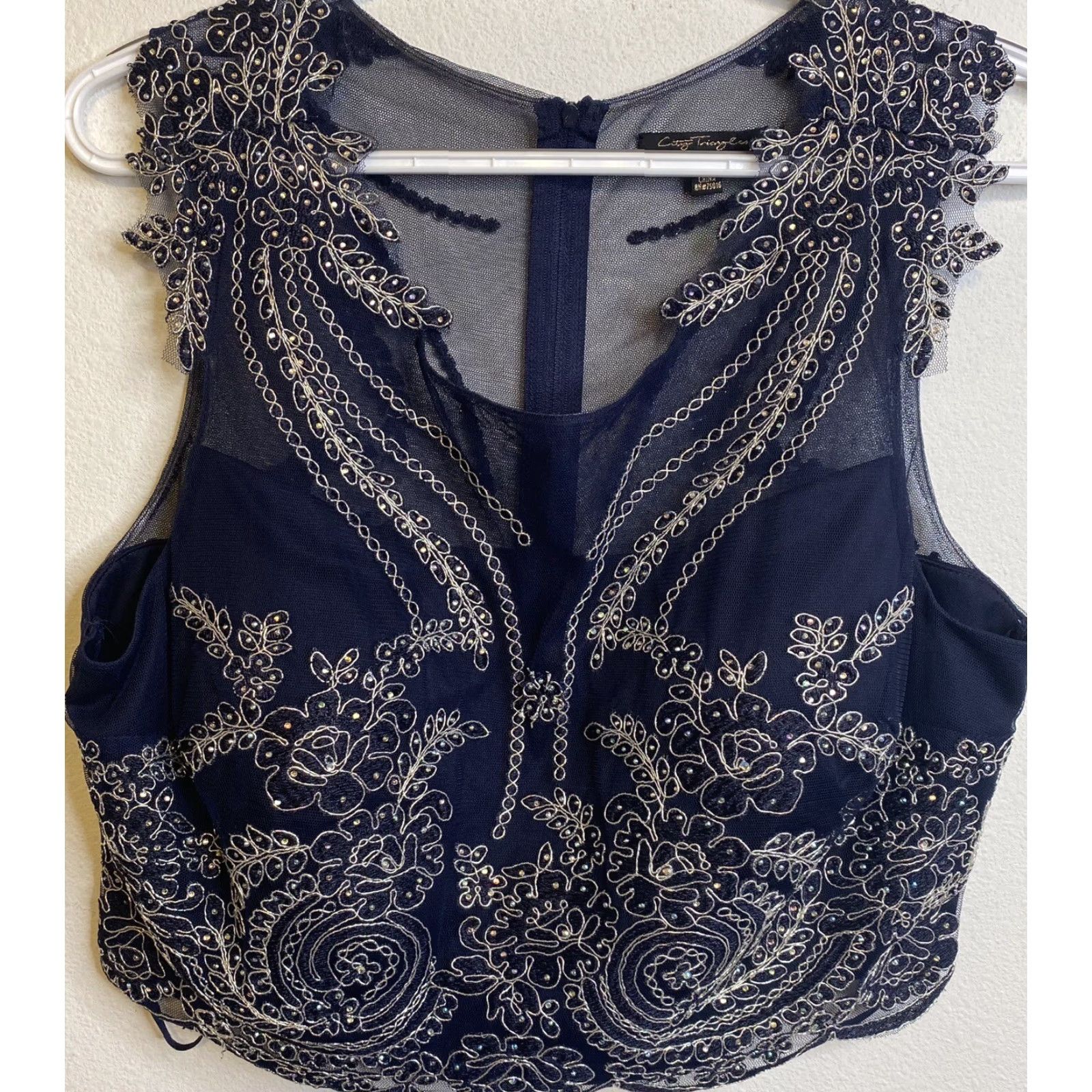 VINTAGE City Triangles Navy Blue Formal Lace Crop Top Blingy Scallop Hem  Junior Size 15
