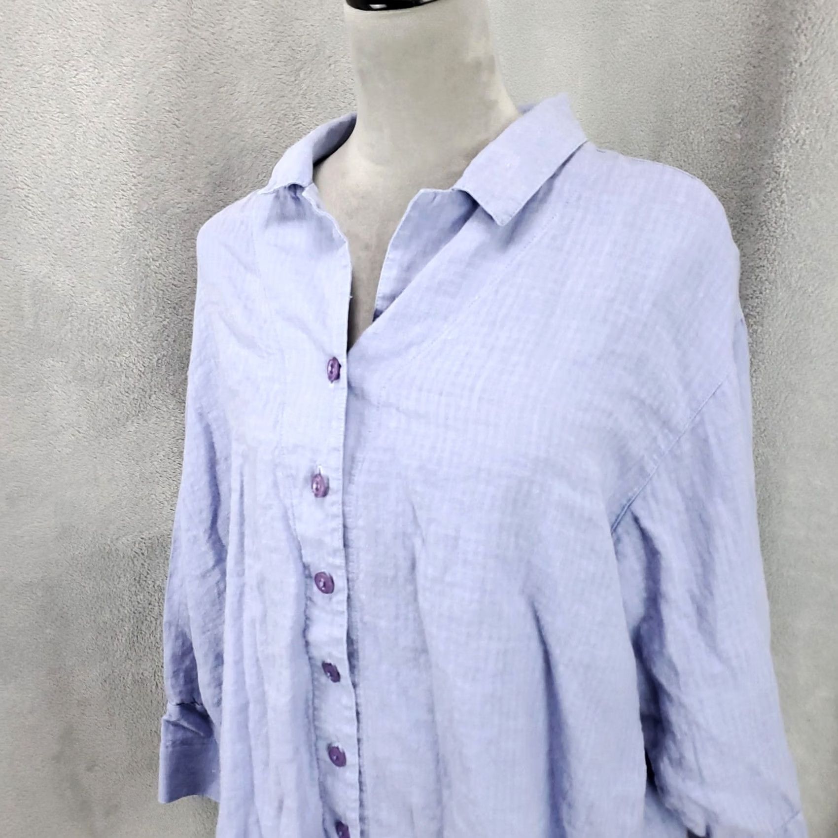 Vintage Womens Button-Up Linen Top Size M Violet Blue 100% Linen USA Made Size M / US 6-8 / IT 42-44 - 2 Thumbnail