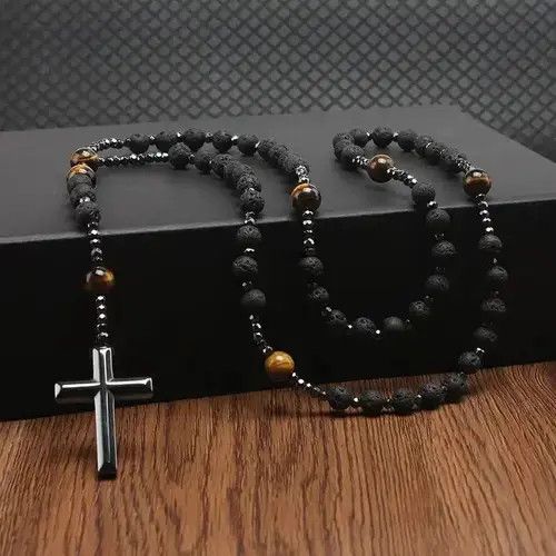 Vintage Natural Lava Stone Tiger-eye Hematite Cross Pendant Necklace Size ONE SIZE - 1 Thumbnail