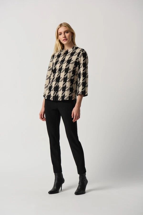 Joseph Ribkoff Cardigan Black & Sand Houndstooth Motif Jacket Size S NEW Size S / US 4 / IT 40 - 3 Thumbnail