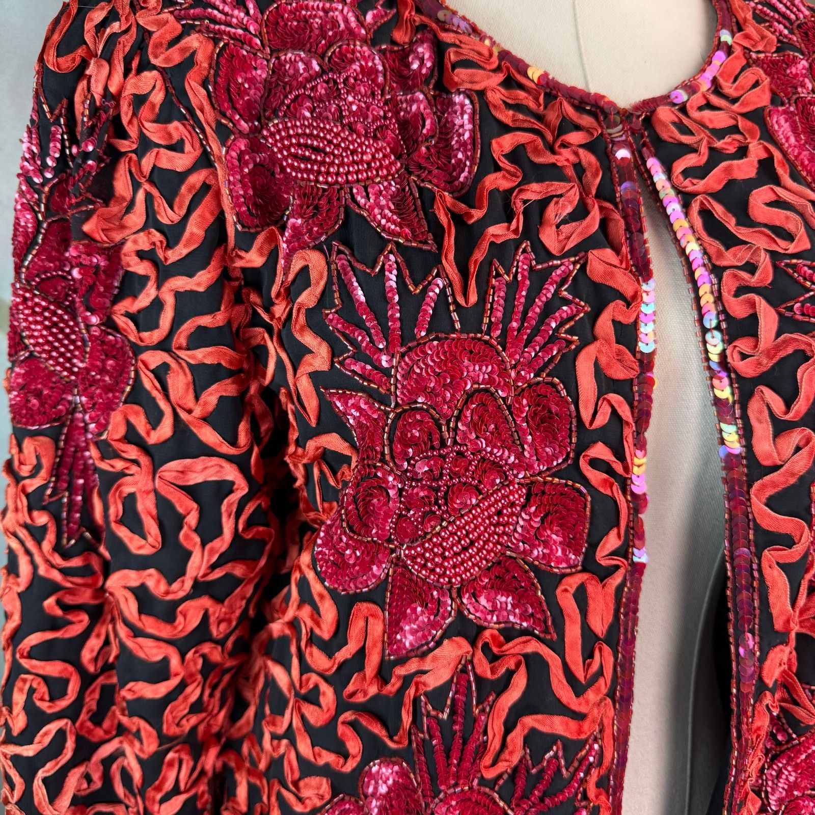 Other Vintage Aries On Knob Hill Pure Silk Sequin Beaded Jacket Size L / US 10 / IT 46 - 2 Thumbnail