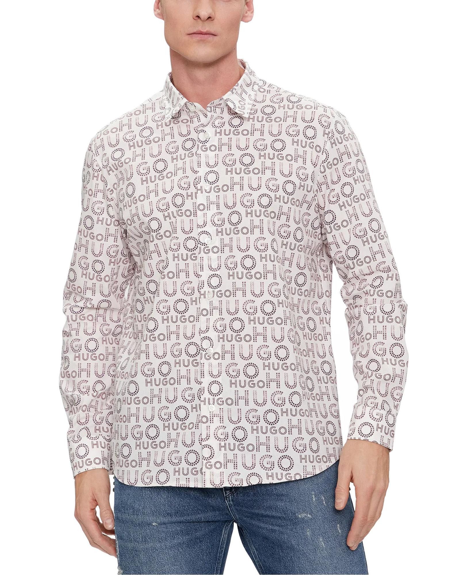 image of Hugo Printed Cotton Shirt With Buttons in White, Men's (Size XL)